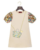 Aigner Kids Girl's Beige Dress with Printed Bag Design and Puff Sleeves