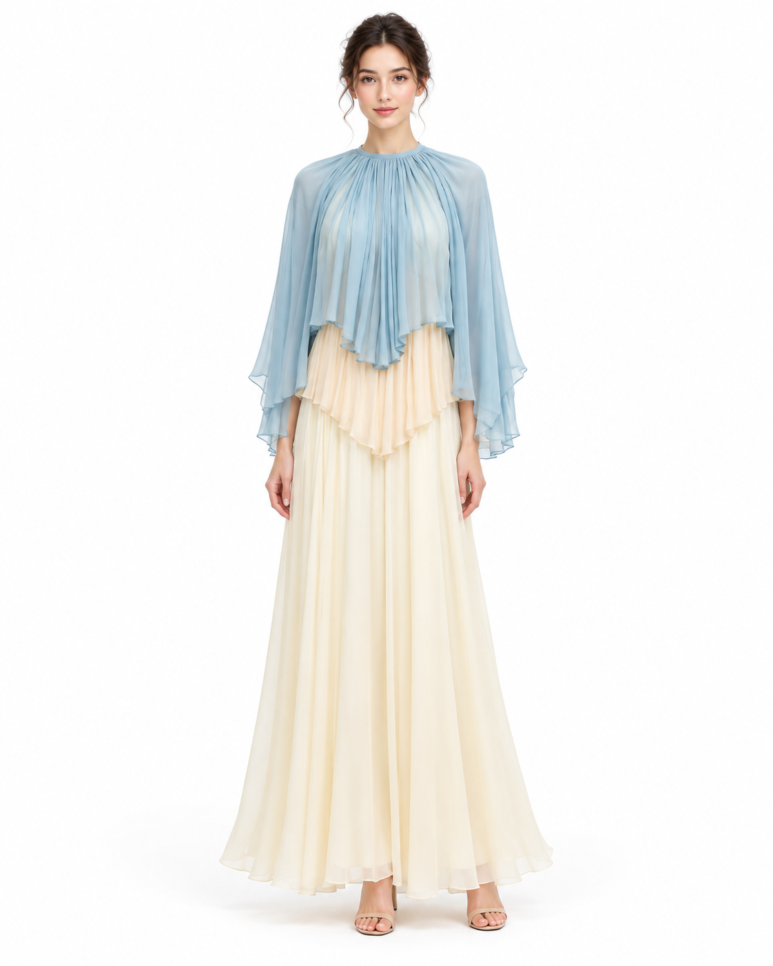 Light blue and beige maxi dress. Sheer blue gathered high-neck top with wide flowing sleeves. Tiered beige flowing skirt.