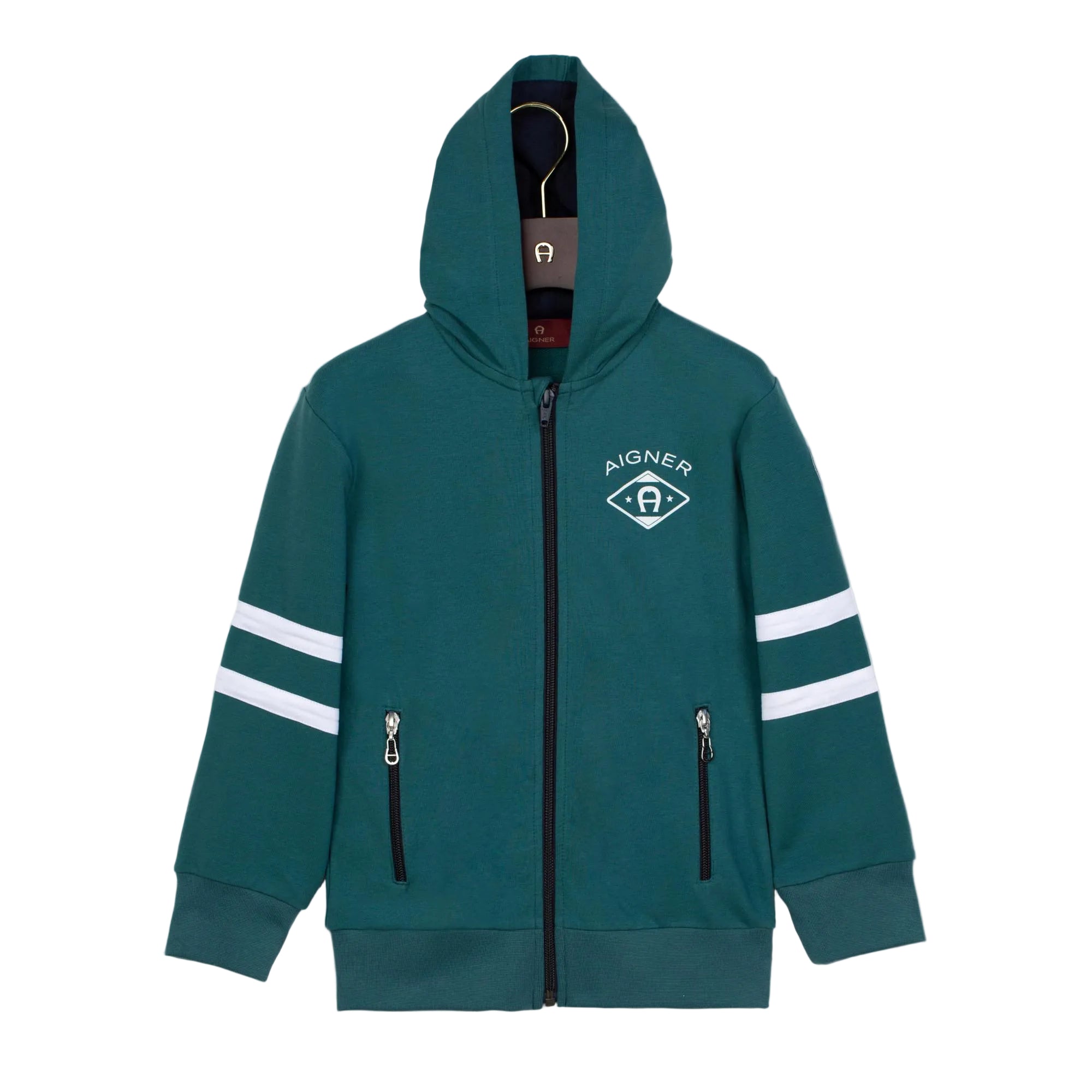 Green hooded jacket with full black zipper, white AIGNER logo, two white stripes on each sleeve, and two zippered front pocke