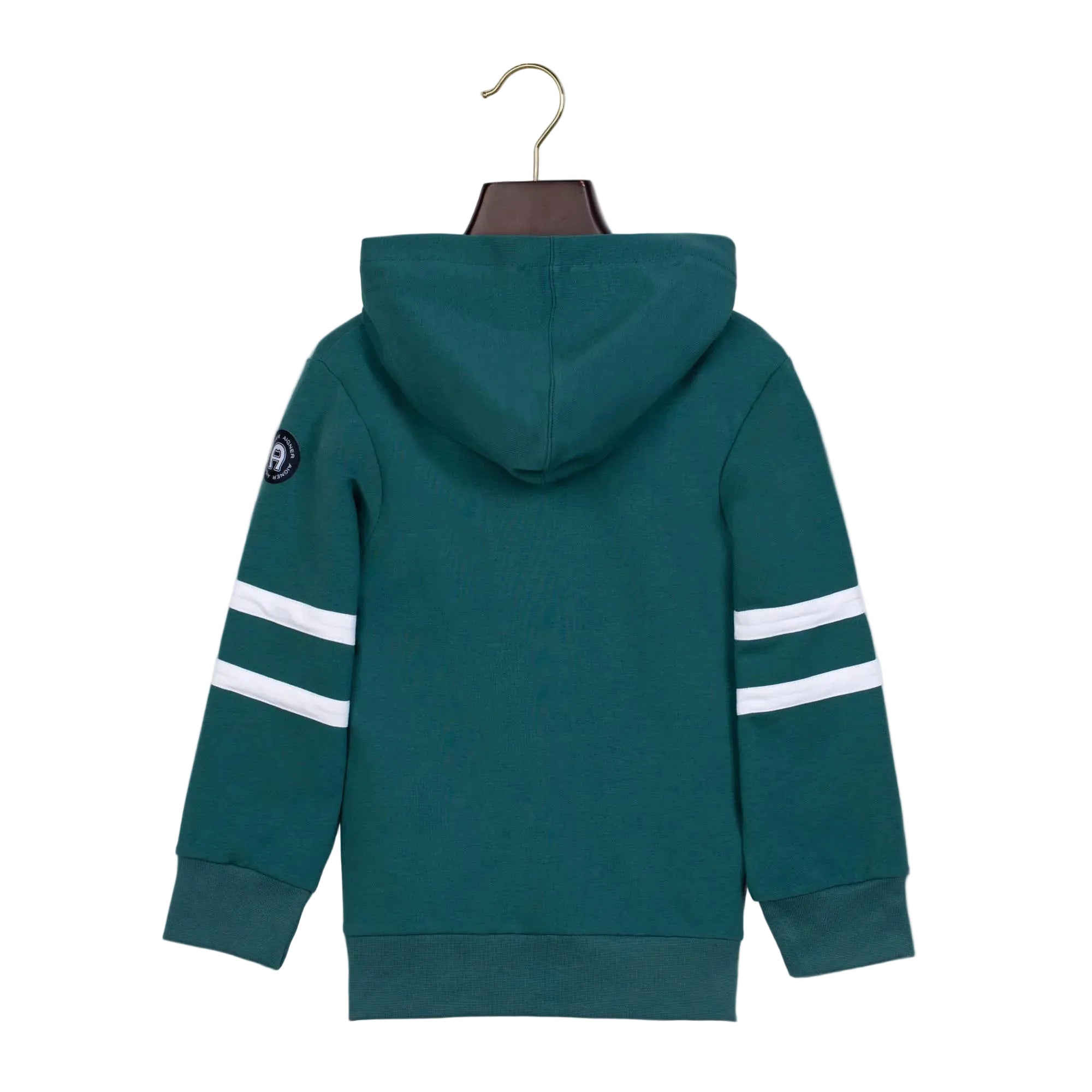 Green hoodie, back view. Hood, ribbed cuffs and hem. Left sleeve has two white stripes and a circular 'A' logo patch.
