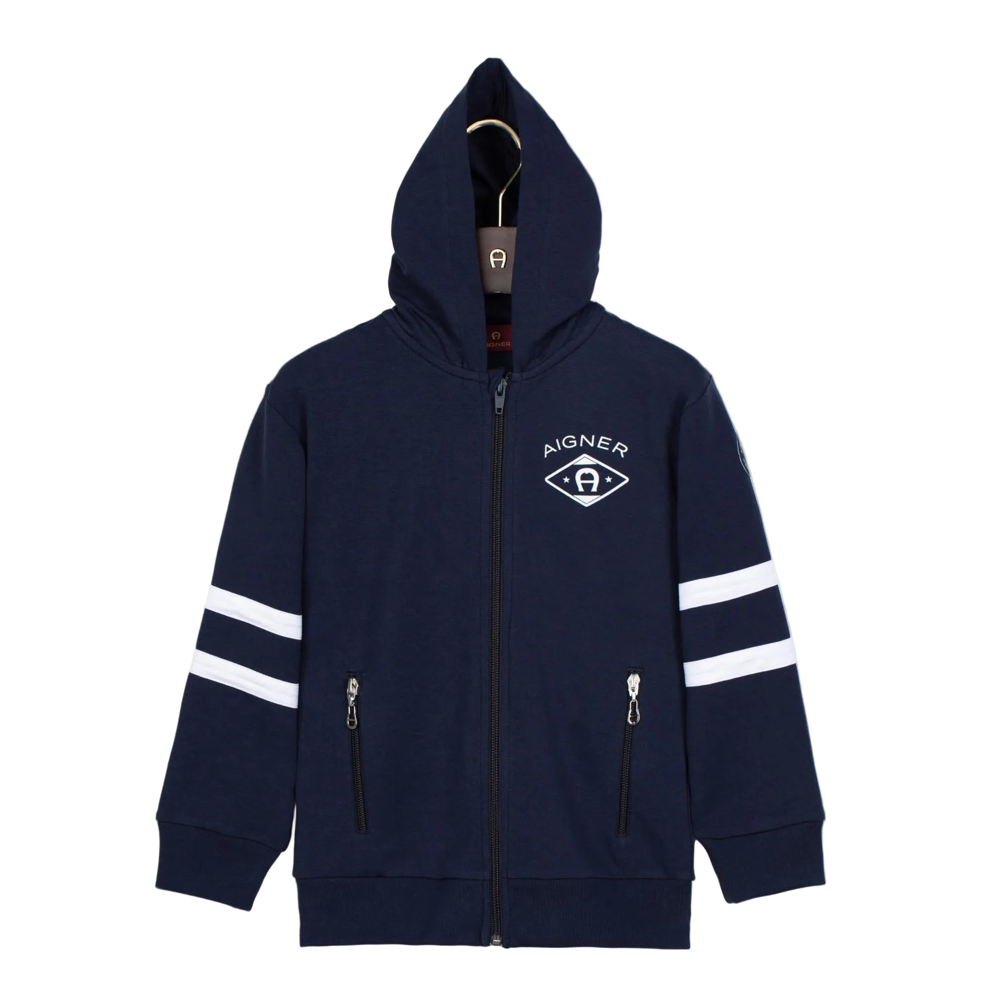 Navy blue full-zip hoodie with white AIGNER logo, two zippered pockets, and two white stripes on each sleeve.