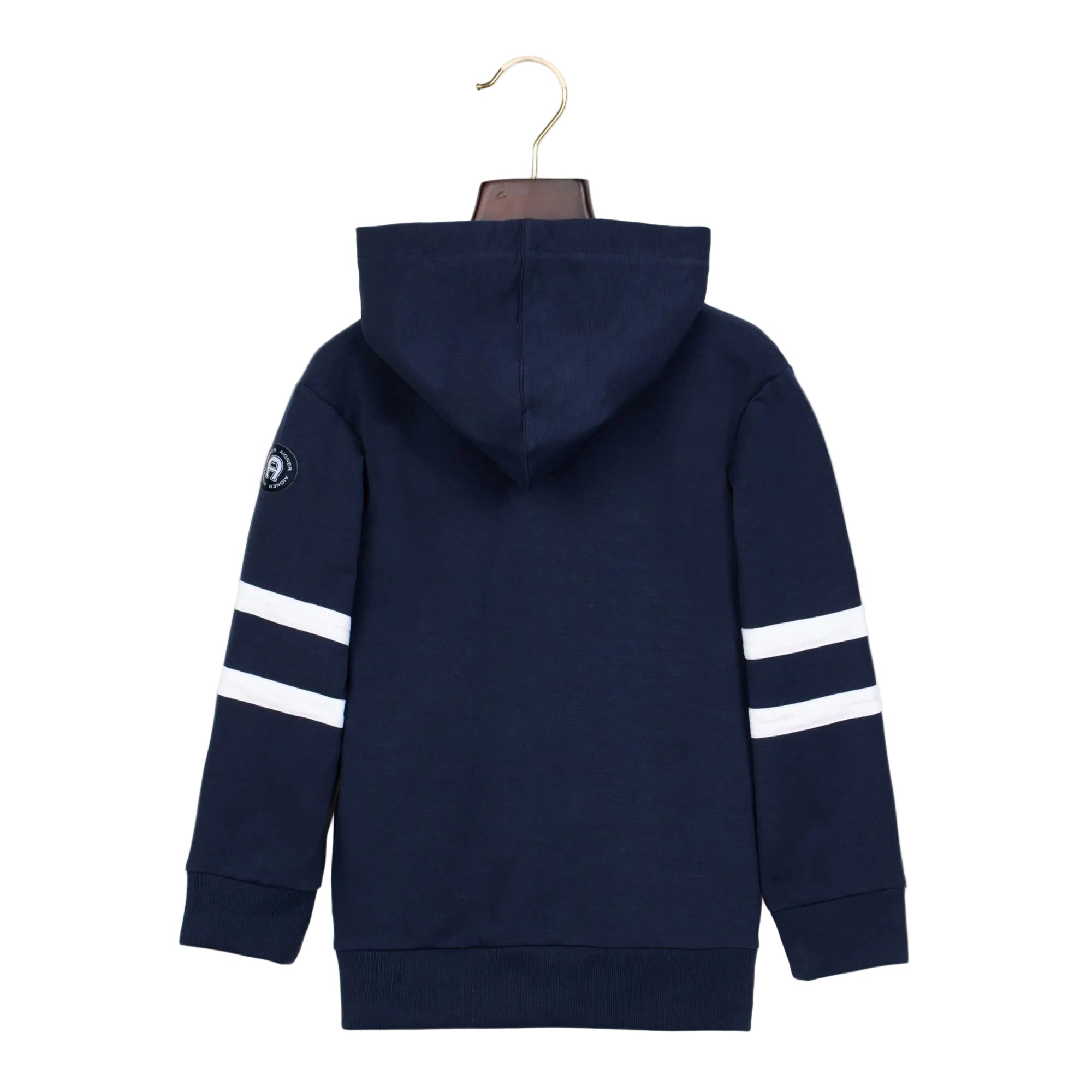 Navy blue hoodie with a hood, ribbed cuffs and hem. Each long sleeve has two white horizontal stripes. A circular logo patch