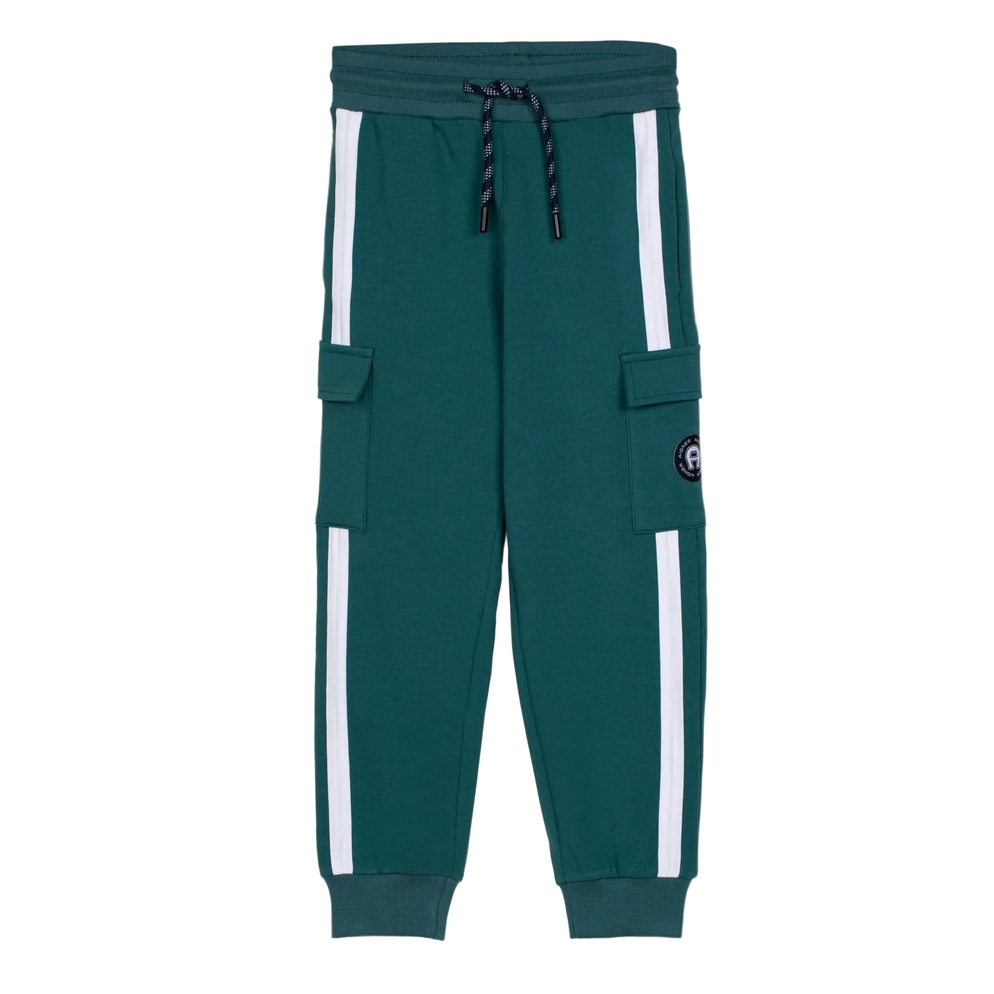 Green jogging pants with white side stripes, cargo pockets (right with a circular patch), black/white drawstring waist, and r