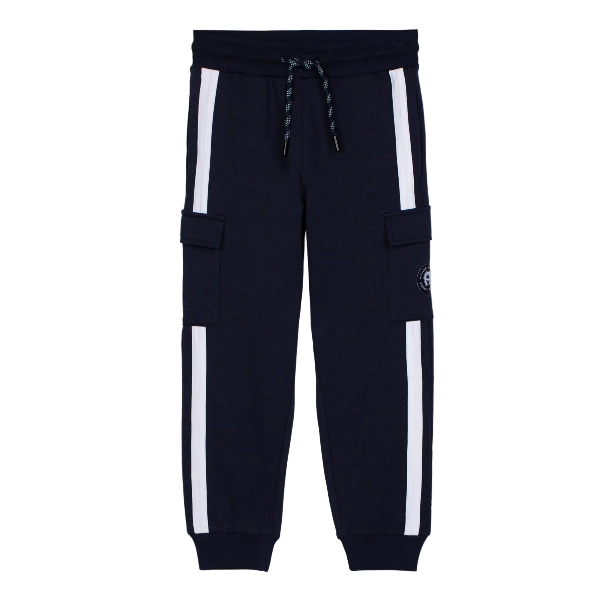 Navy blue jogging pants with white side stripes, elasticated waist, drawstring, cuffed ankles, and two cargo pockets. Right p