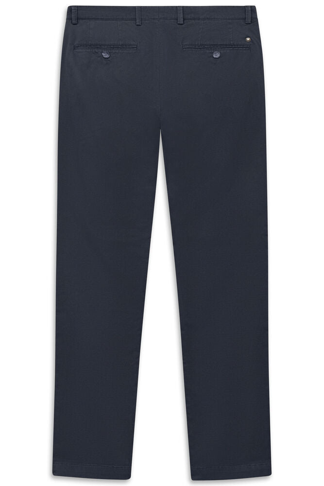 Navy blue trousers with belt loops and two buttoned back pockets. A small emblem is on the right back pocket.