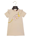 Aigner Kids Girl's Beige Dress with Quilted Bag Print and Ruffle Sleeves