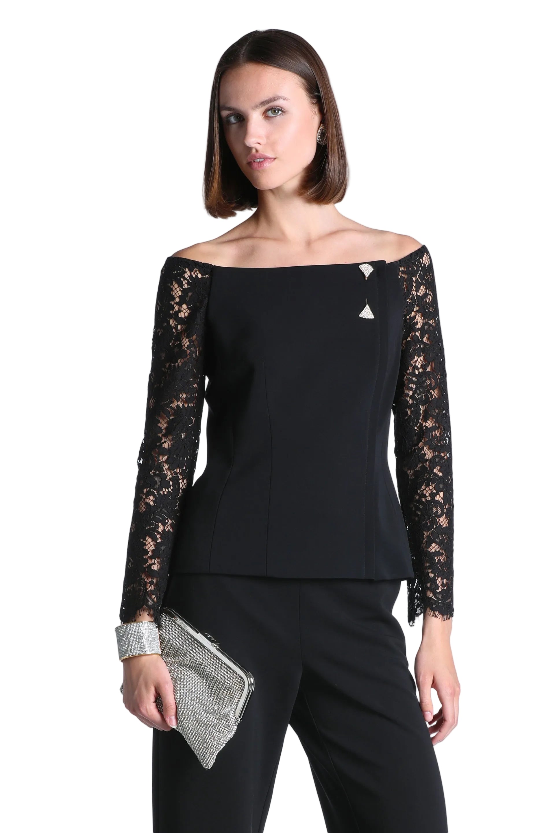 Black off-the-shoulder jacket with long black lace sleeves and a silver-toned decorative embellishment at the neckline.