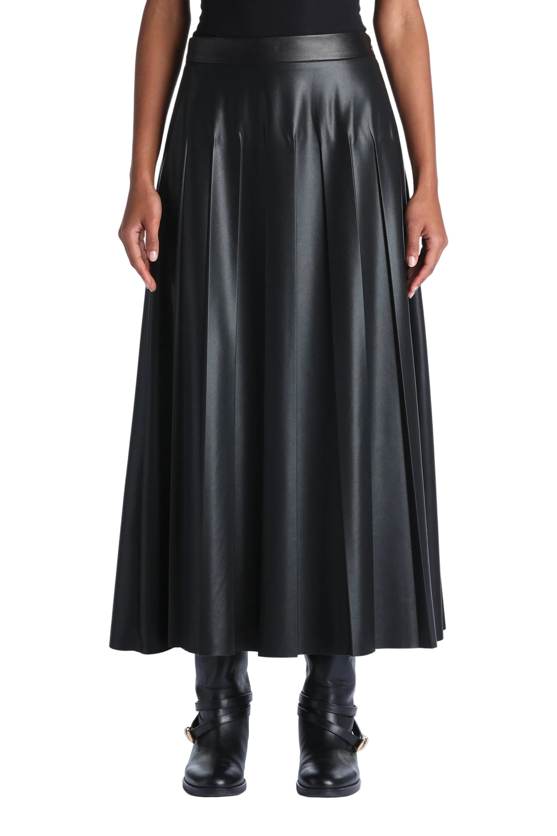 Black pleated faux leather midi skirt with a structured waistband and flowing silhouette.