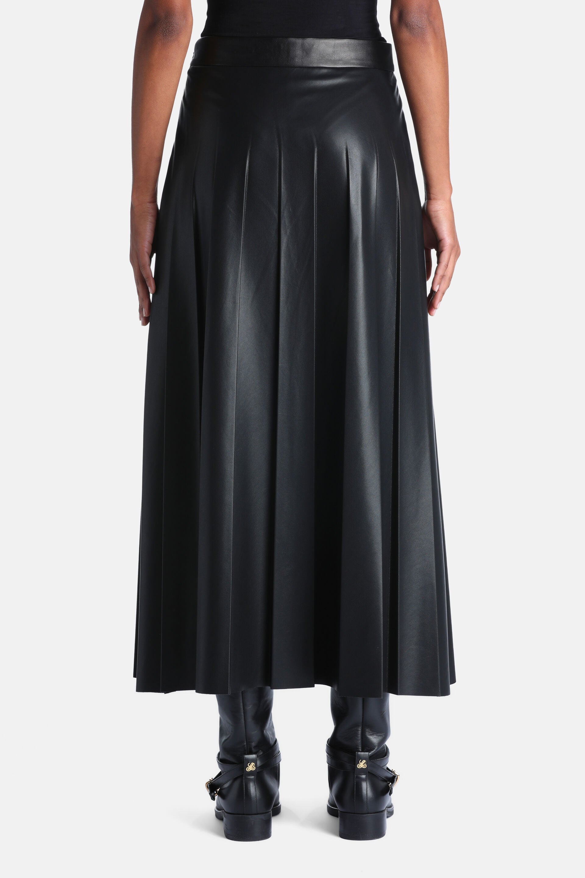 Black pleated faux leather midi skirt with a smooth waistband.