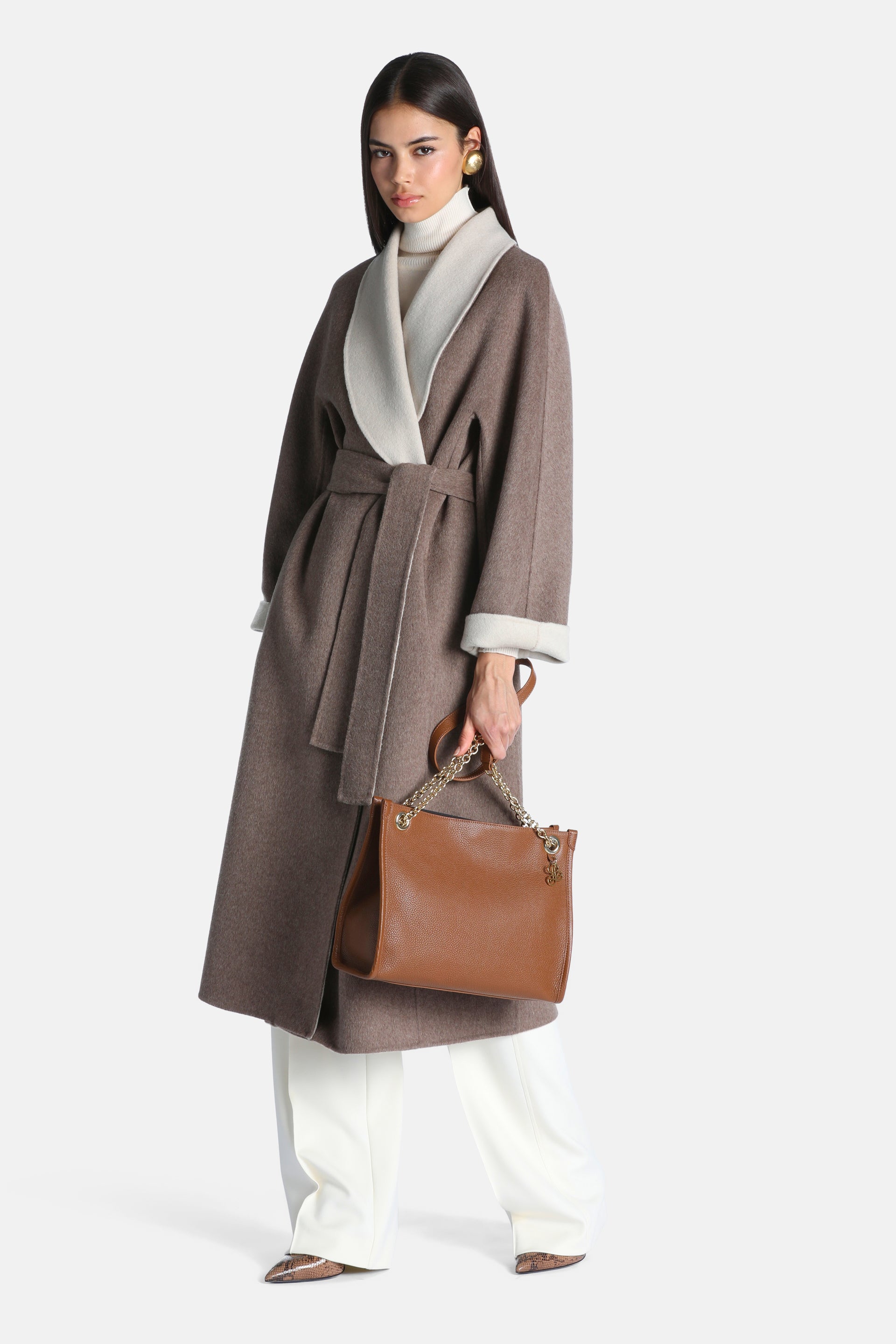 Two-tone dove grey long wrap coat with wide cream lapels, cream cuffs, and a matching self-tie belt.