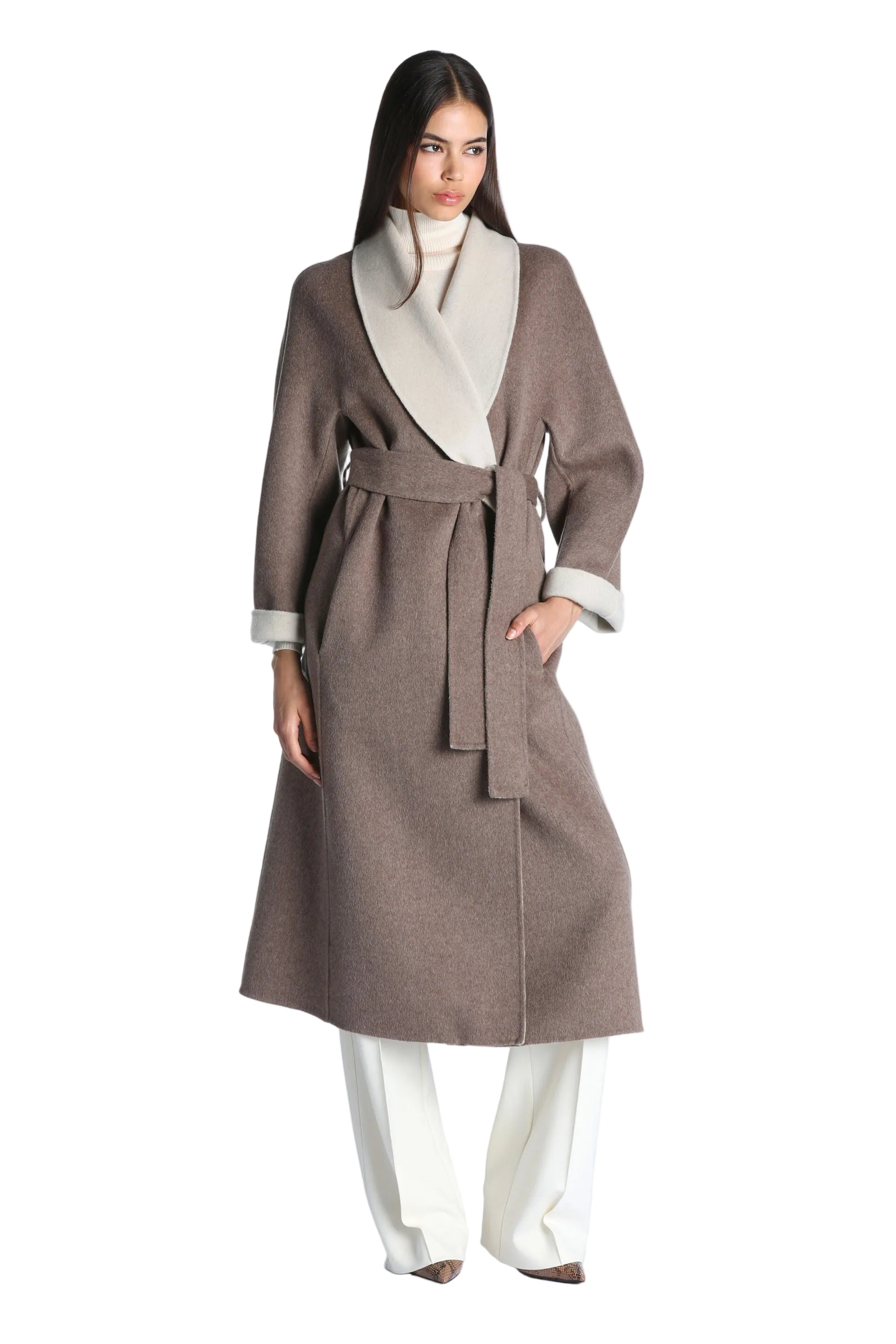 Luisa Spagnoli longline wrap coat in dove grey with a lighter contrasting shawl collar and cuffs.