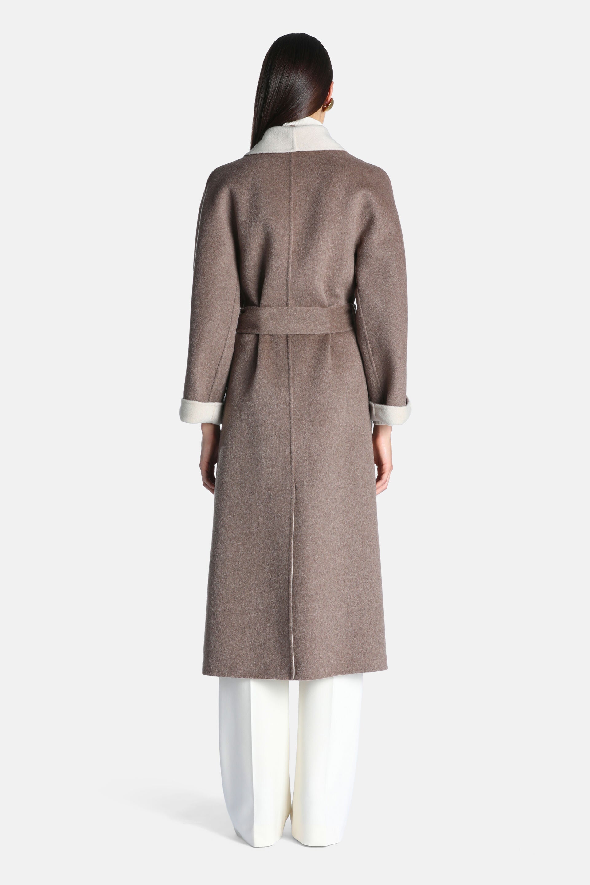Dove grey long wrap coat with a self-tie belt. Lighter, off-white reverse side visible at collar, cuffs, and center back seam