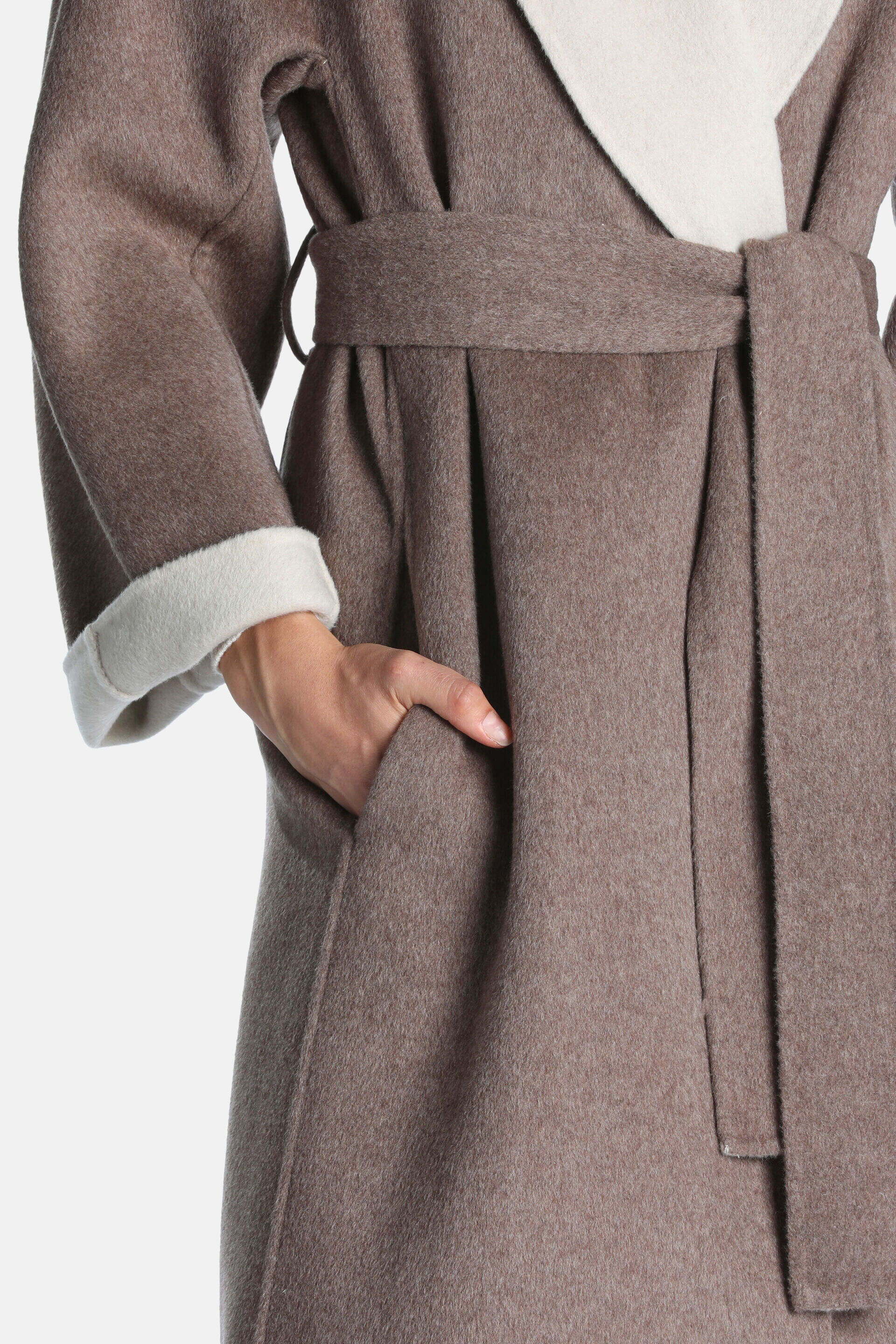Dove grey wrap coat with a soft, brushed texture. Features an off-white collar and rolled cuffs, a matching tie belt, and sid