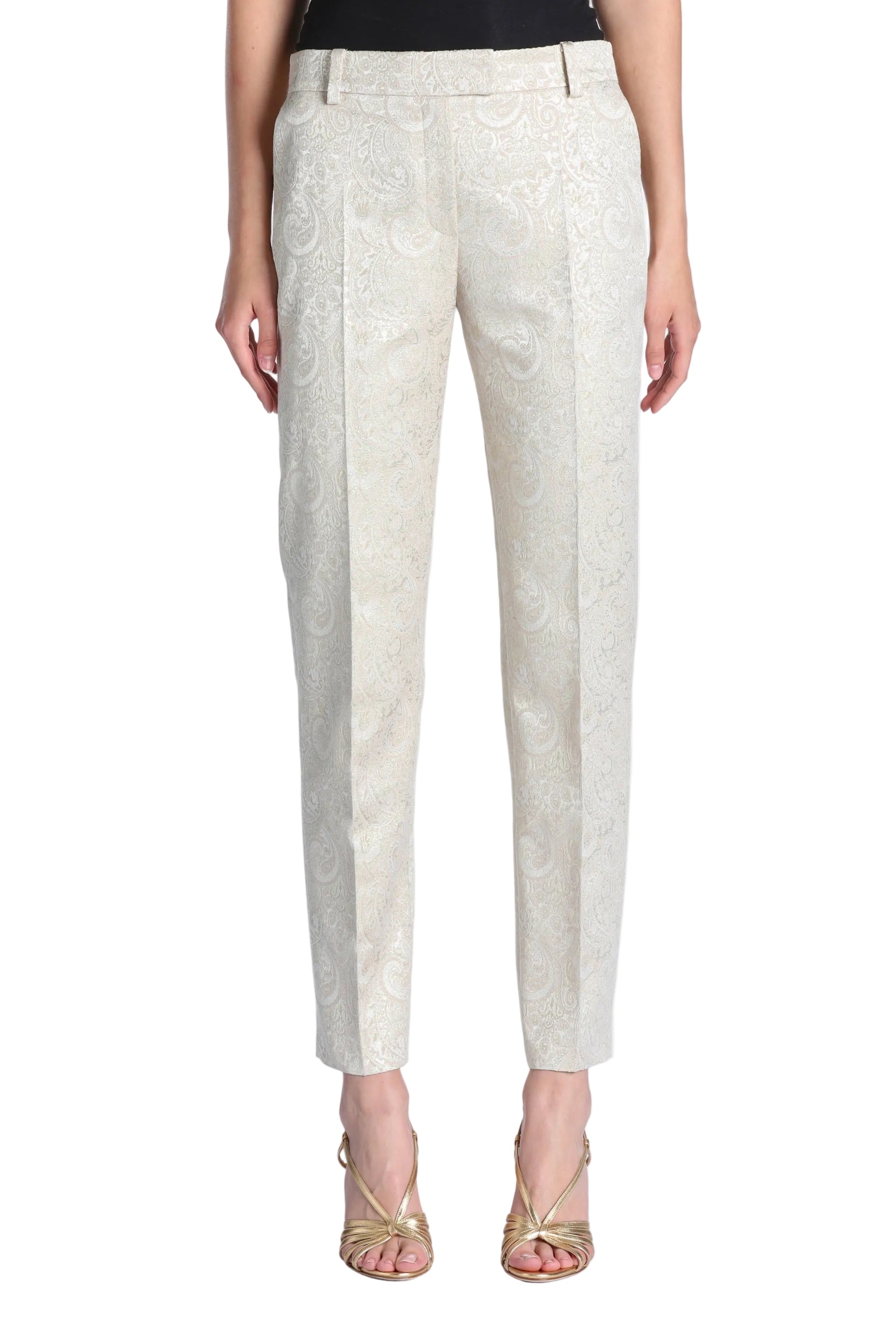 Light beige tailored trousers with an all-over subtle white paisley pattern, featuring a slim, ankle-length cut and pressed l