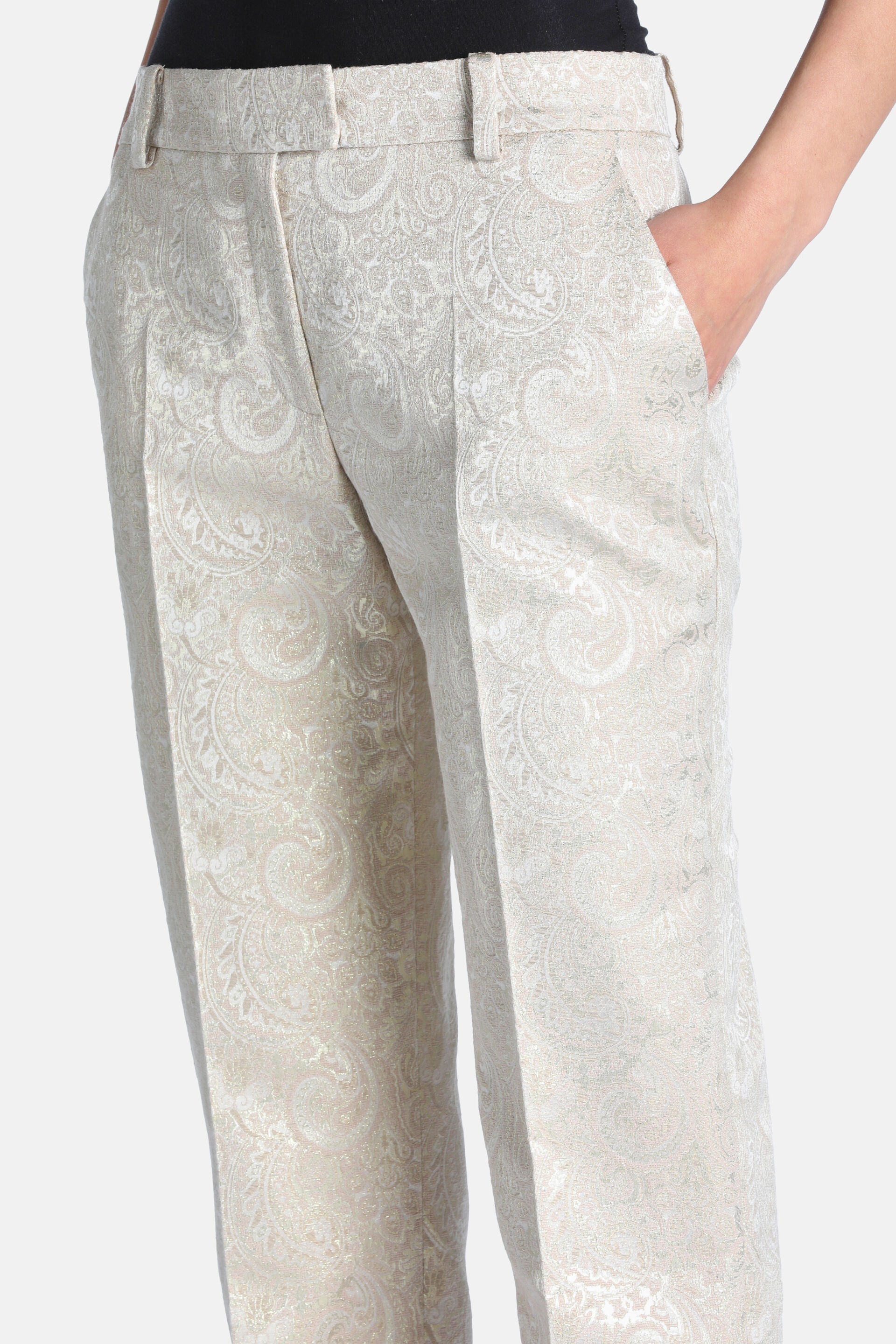 Platinum trousers with an all-over shimmery paisley jacquard pattern, flat front, belt loops, and side pockets.