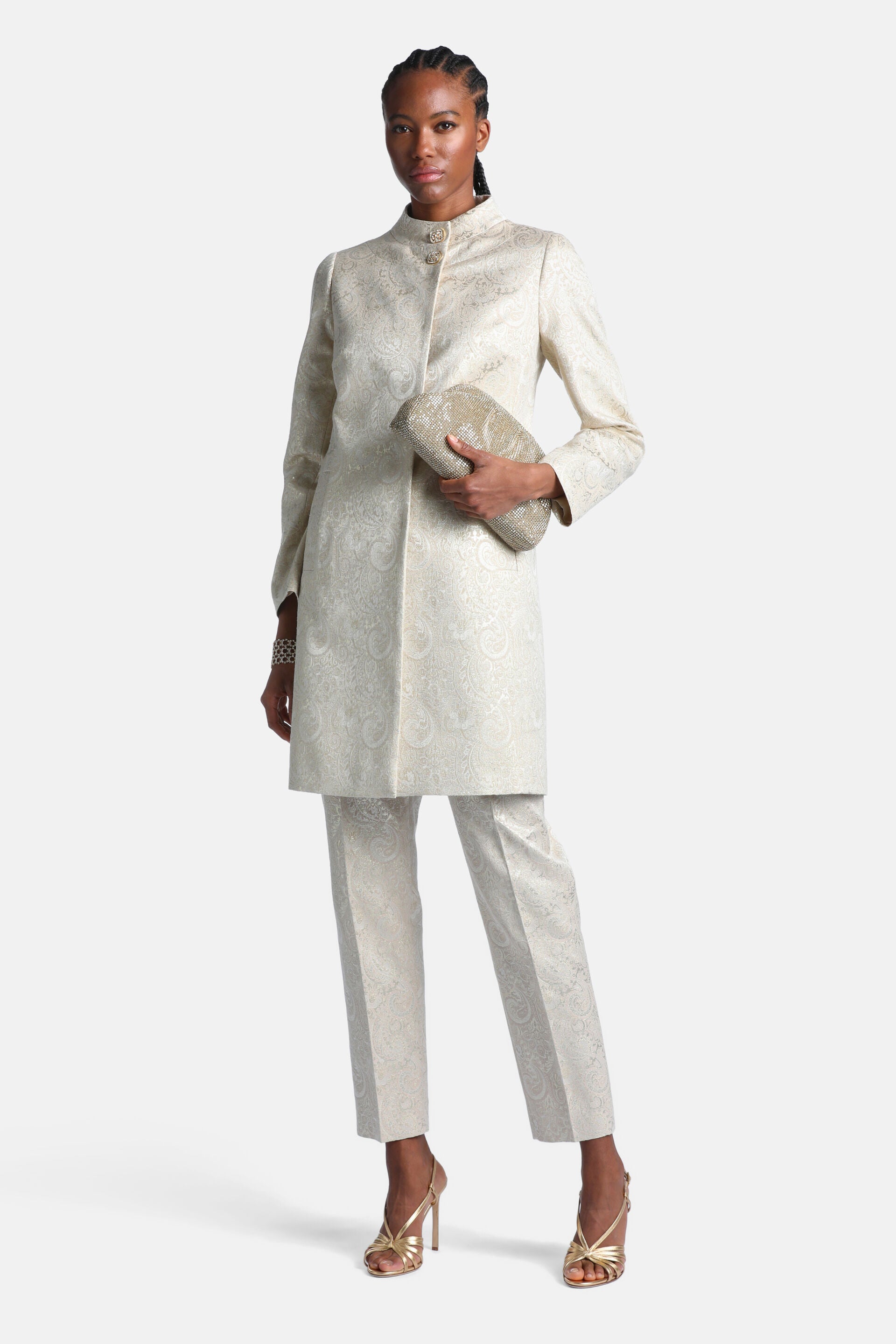 Straight-leg, ankle-length platinum trousers featuring a subtle, all-over jacquard paisley pattern.