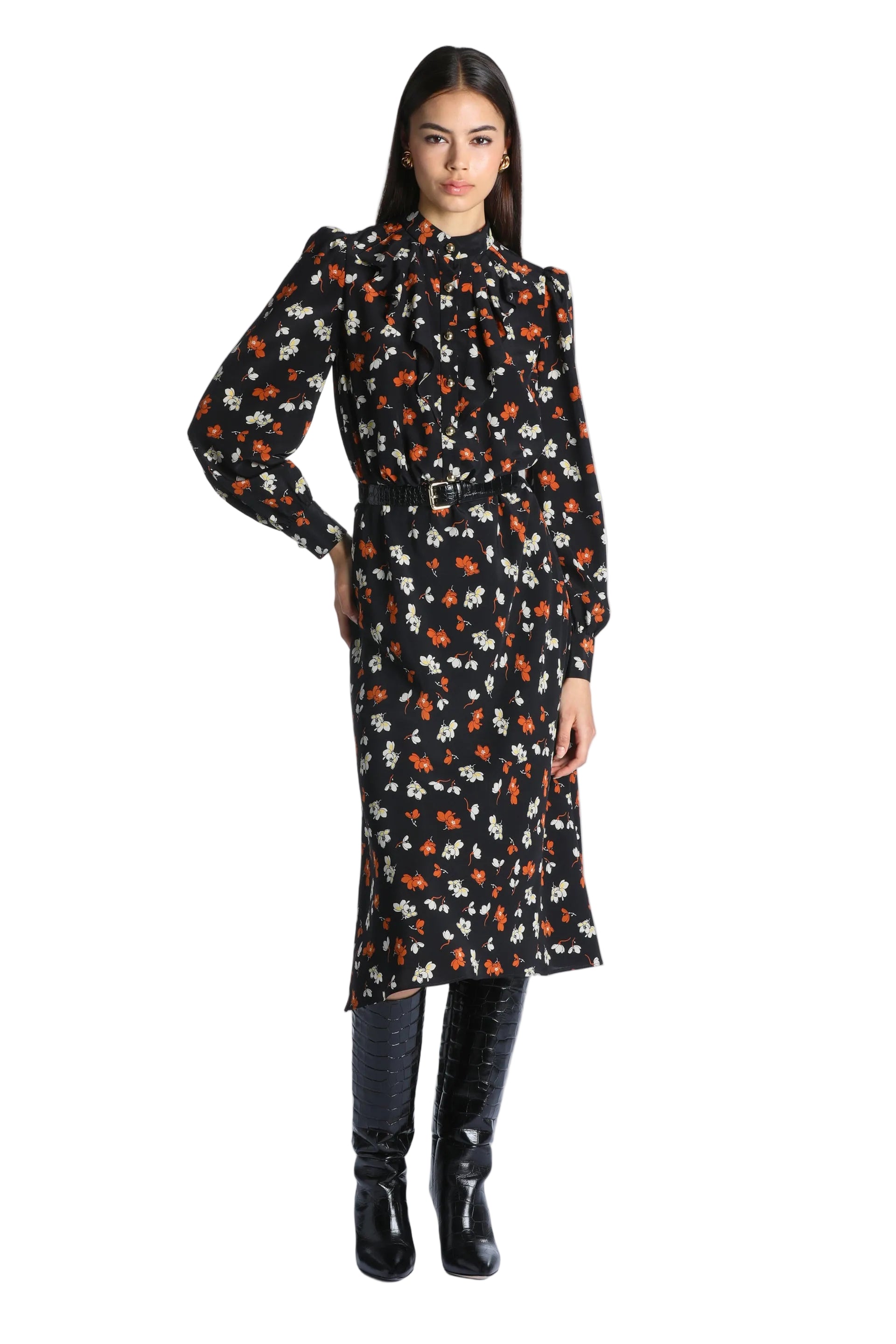 Black midi dress with a high ruffled collar, long sleeves, all-over orange and white floral print, and a black belt.