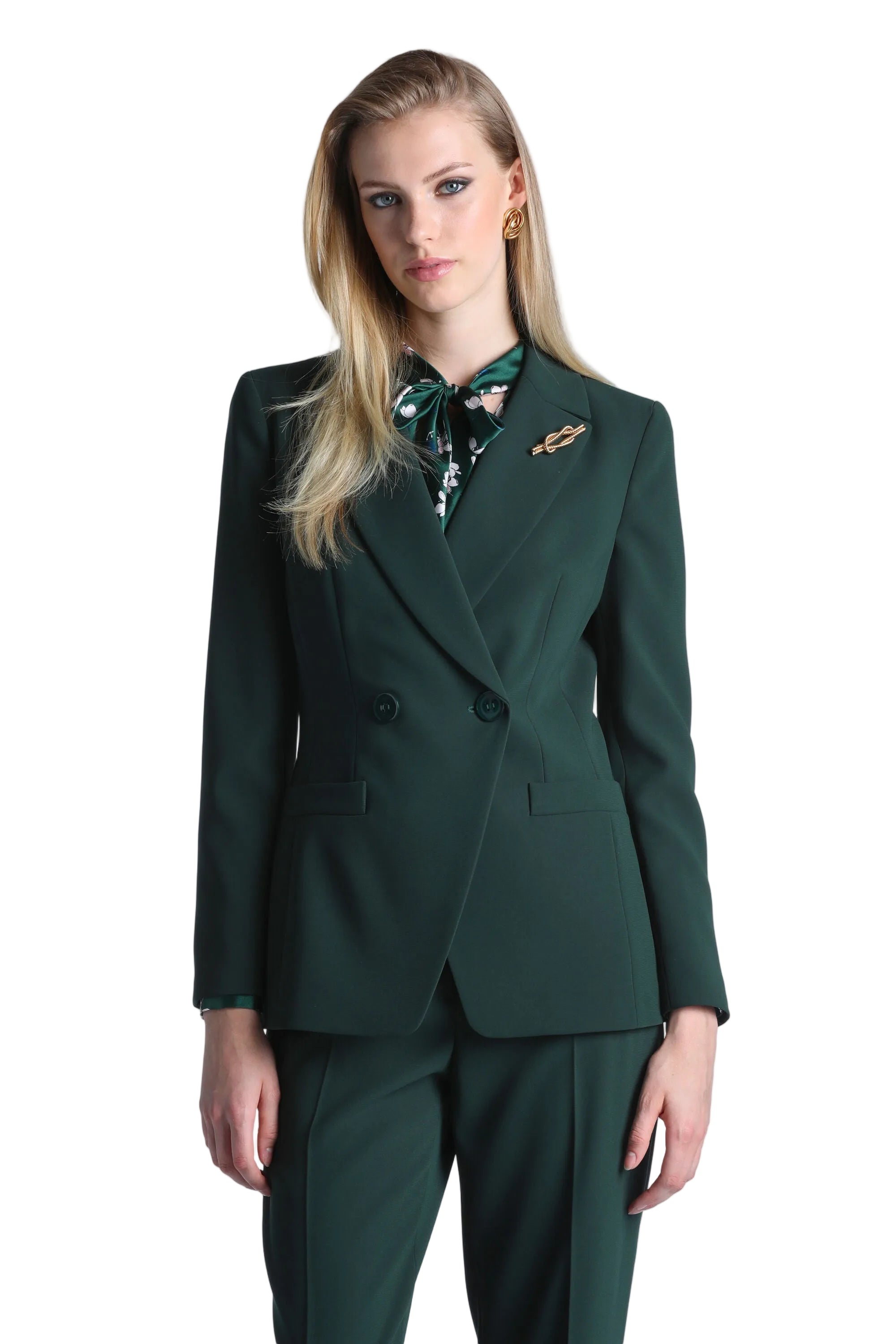 Dark green double-breasted blazer with notched lapels, two buttons, and flap pockets.