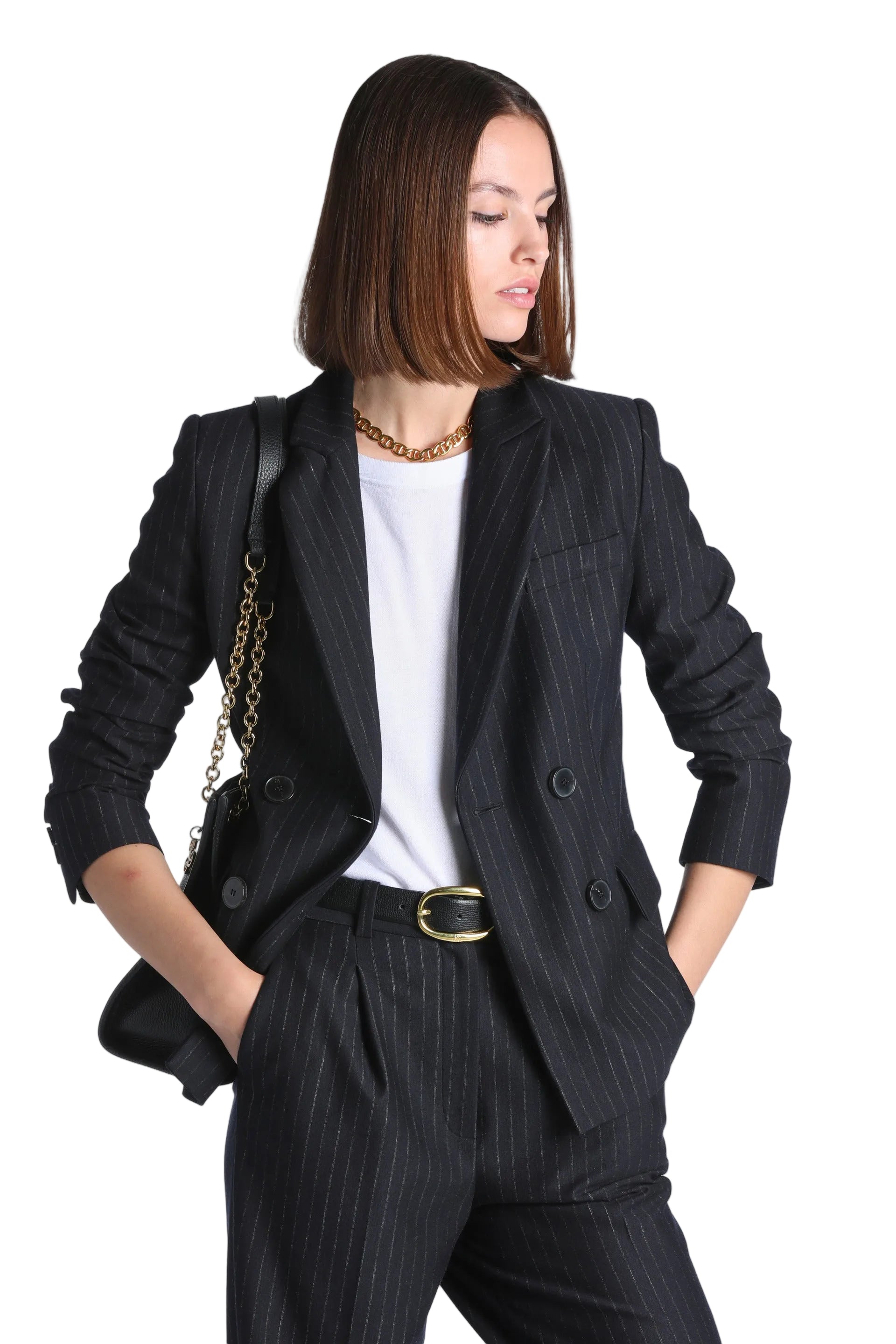 Dark blue pinstriped double-breasted blazer with notched lapels, four dark buttons, and two front flap pockets.