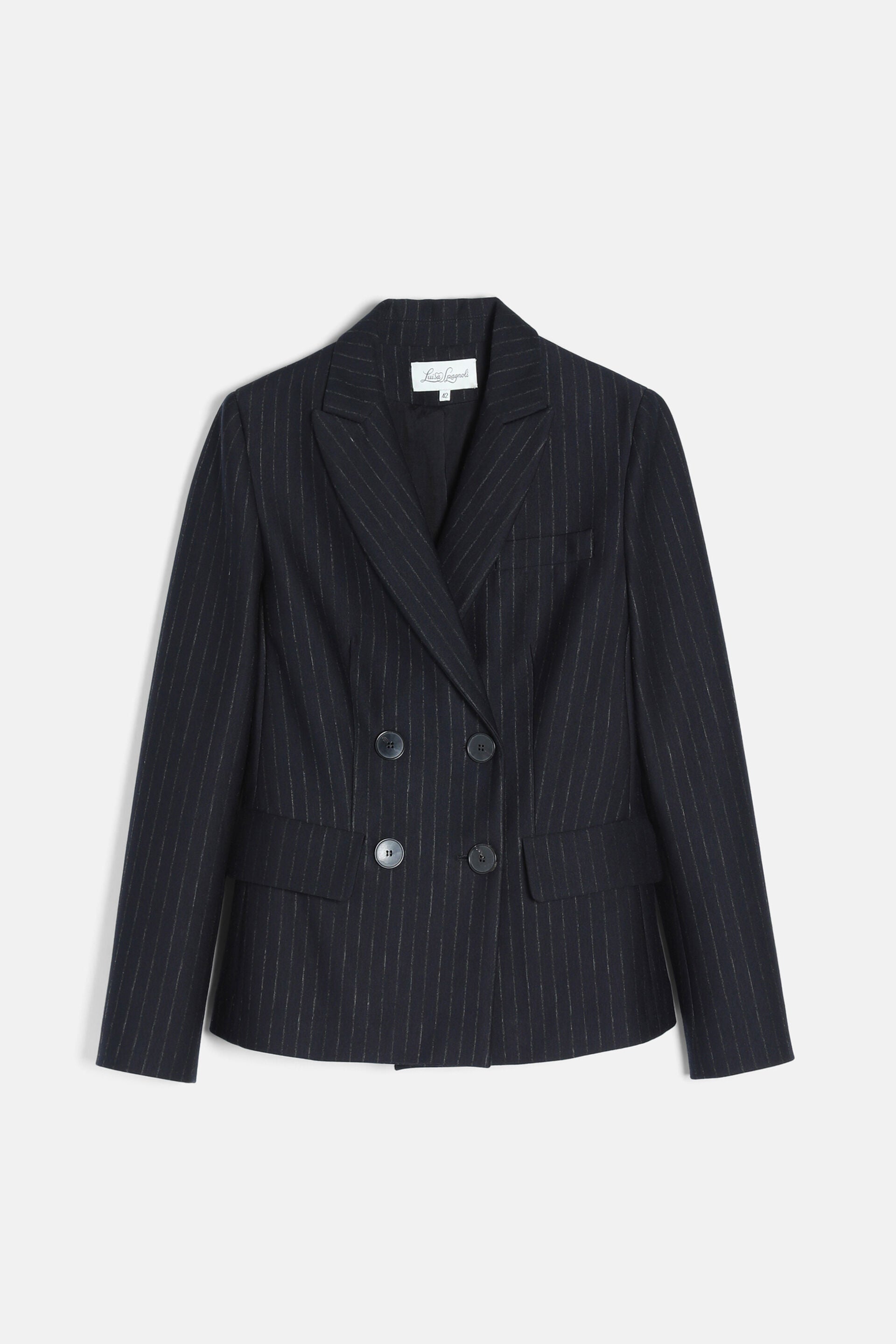 Dark blue double-breasted blazer with thin white pinstripes, notched lapels, four dark buttons, and two front flap pockets.