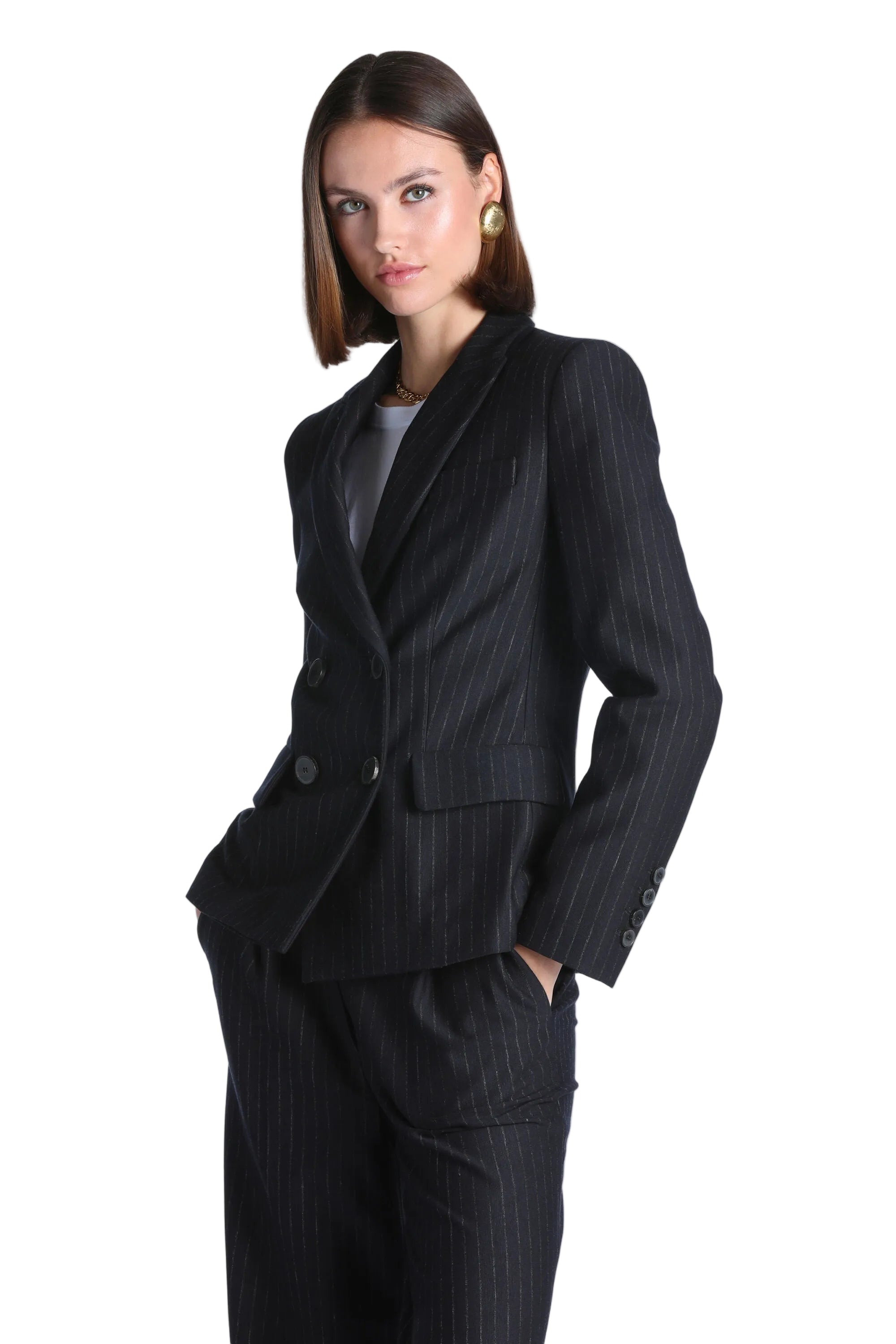 Dark blue double-breasted pinstripe blazer with notched lapels, two front buttons, and three cuff buttons.