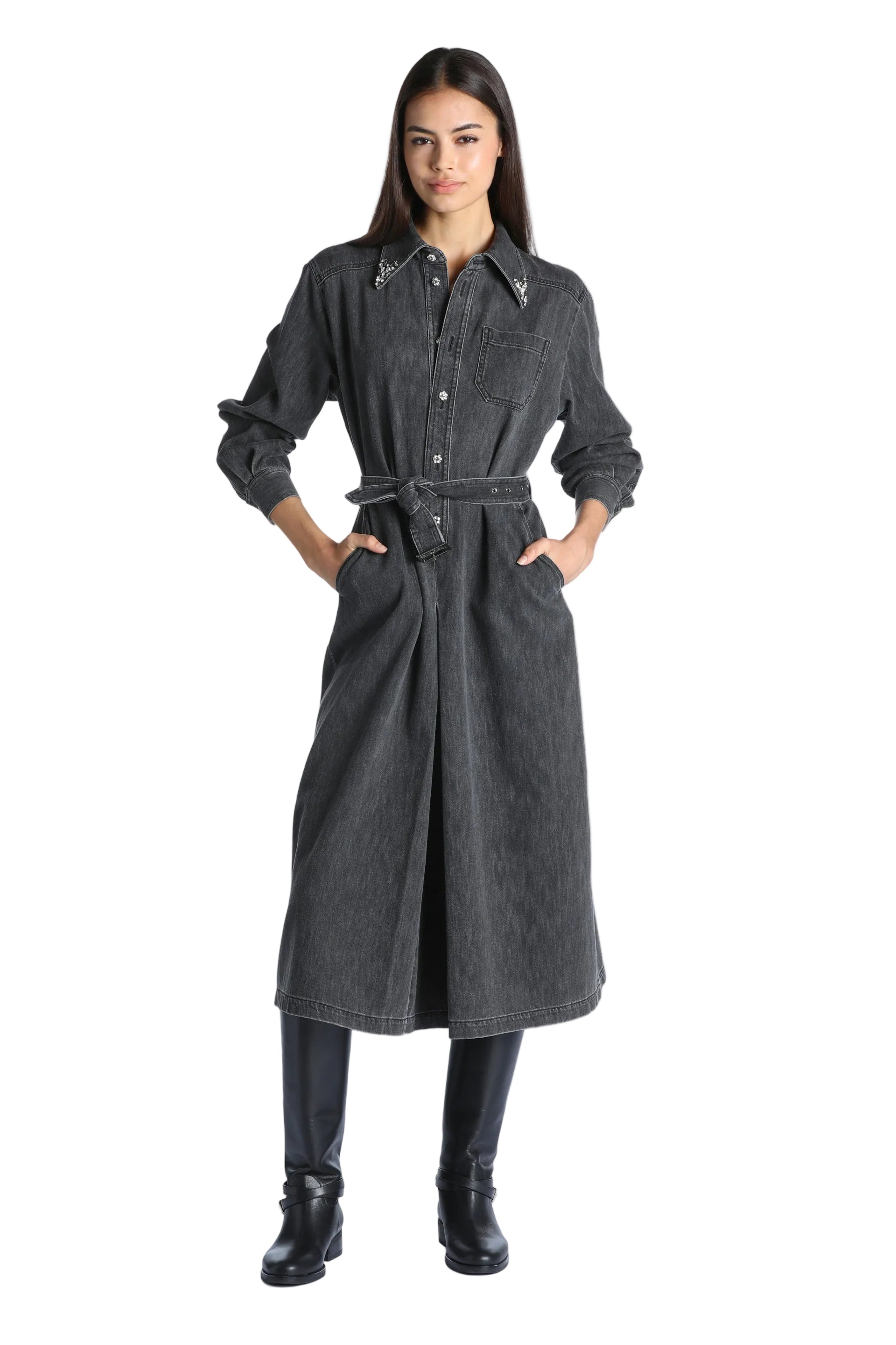 Grey washed denim midi dress with long sleeves, pointed embellished collar, button-front, and self-tie belt.