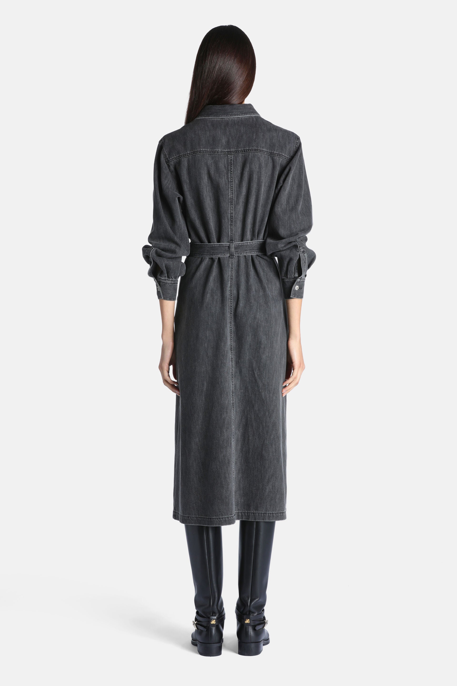 Grey denim midi shirt dress with a collar, long sleeves with buttoned cuffs, and a self-fabric belt at the waist.