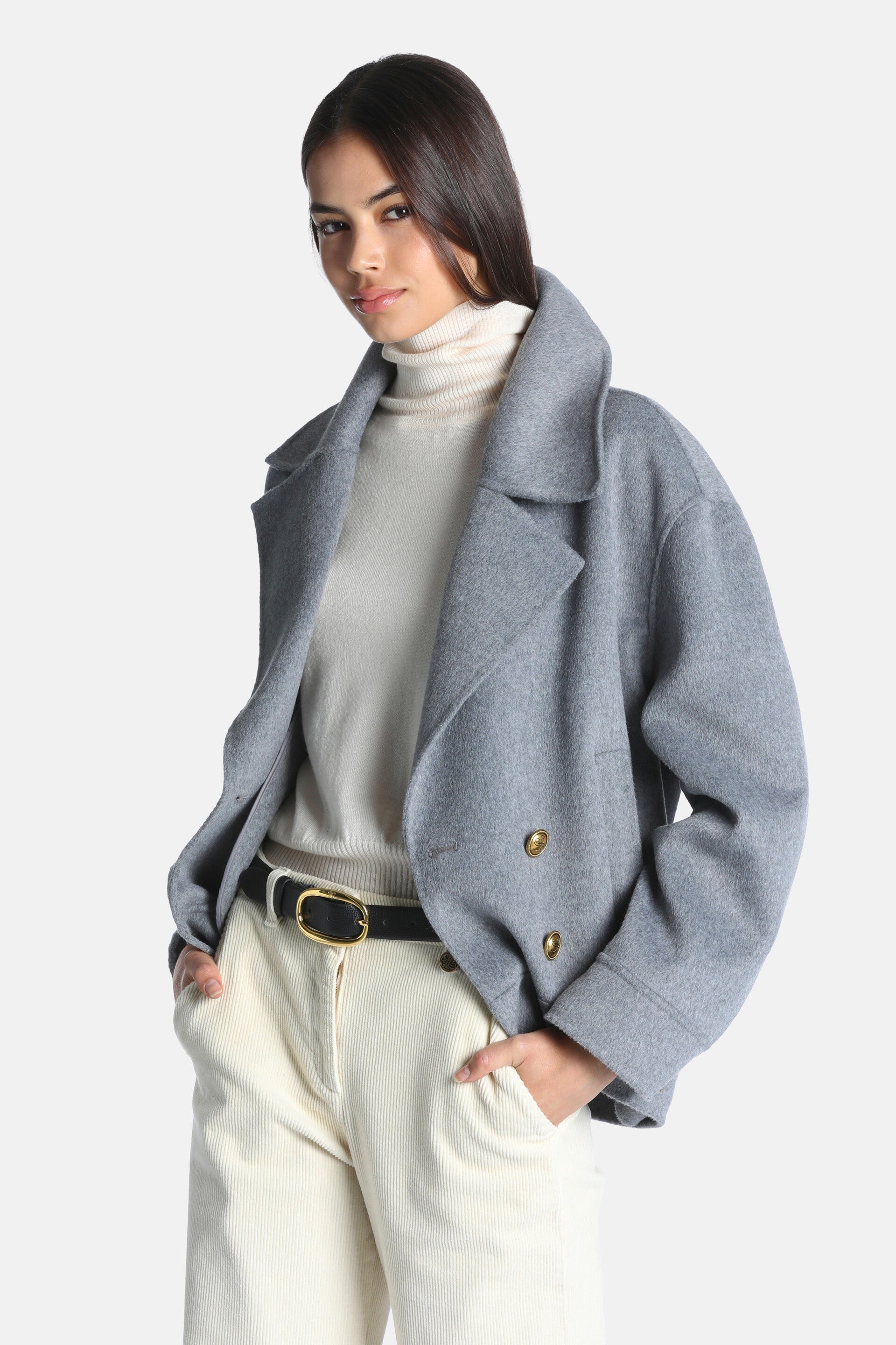 Grey melange cropped double-breasted jacket with wide lapels and gold-toned buttons.