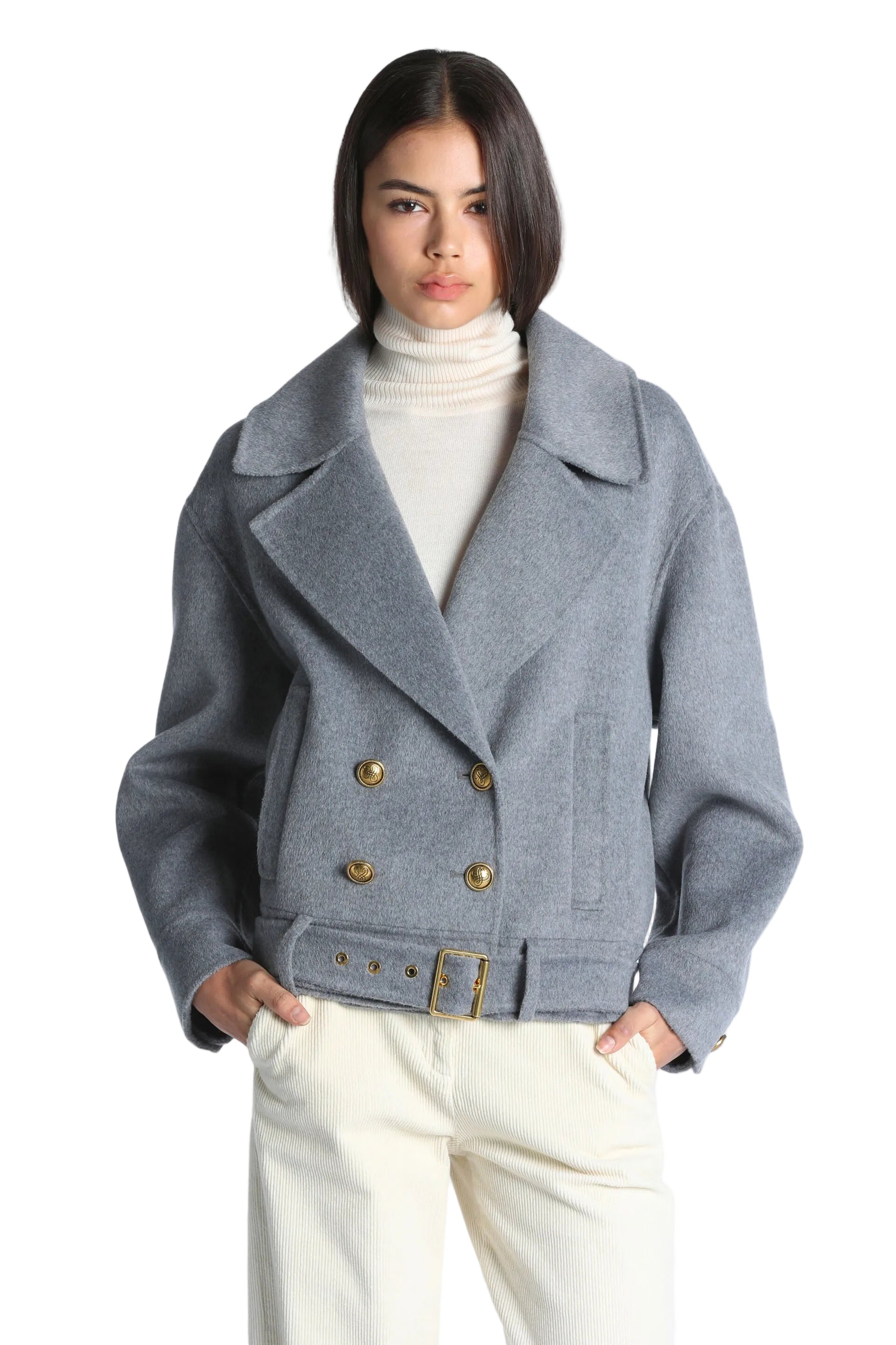 Greymelange double-breasted cropped jacket with wide notched lapels, gold-toned buttons, and a belted waist.