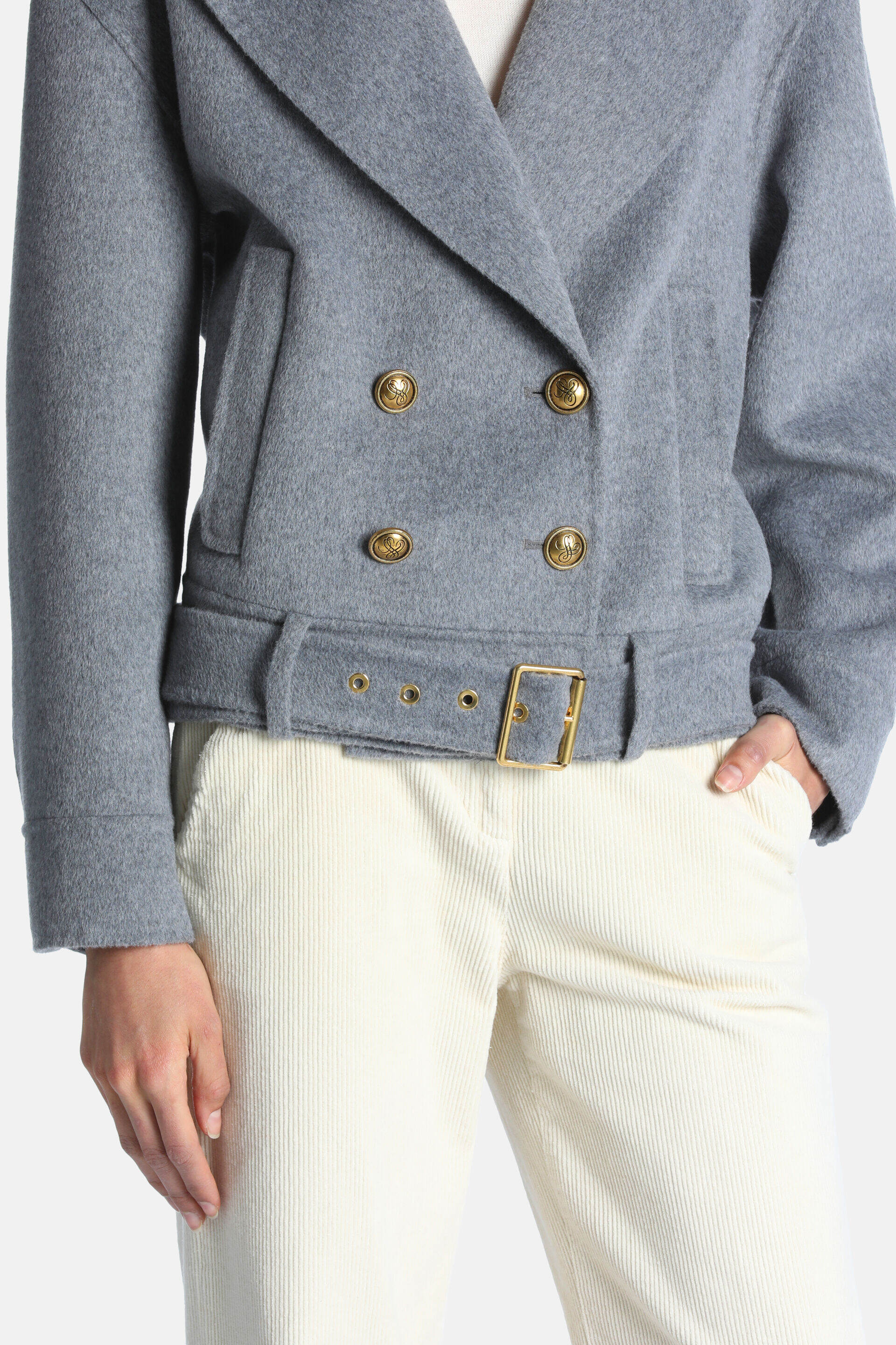 Grey melange double-breasted jacket with wide lapels, four gold-toned embossed buttons, and a belted waist with a gold-toned