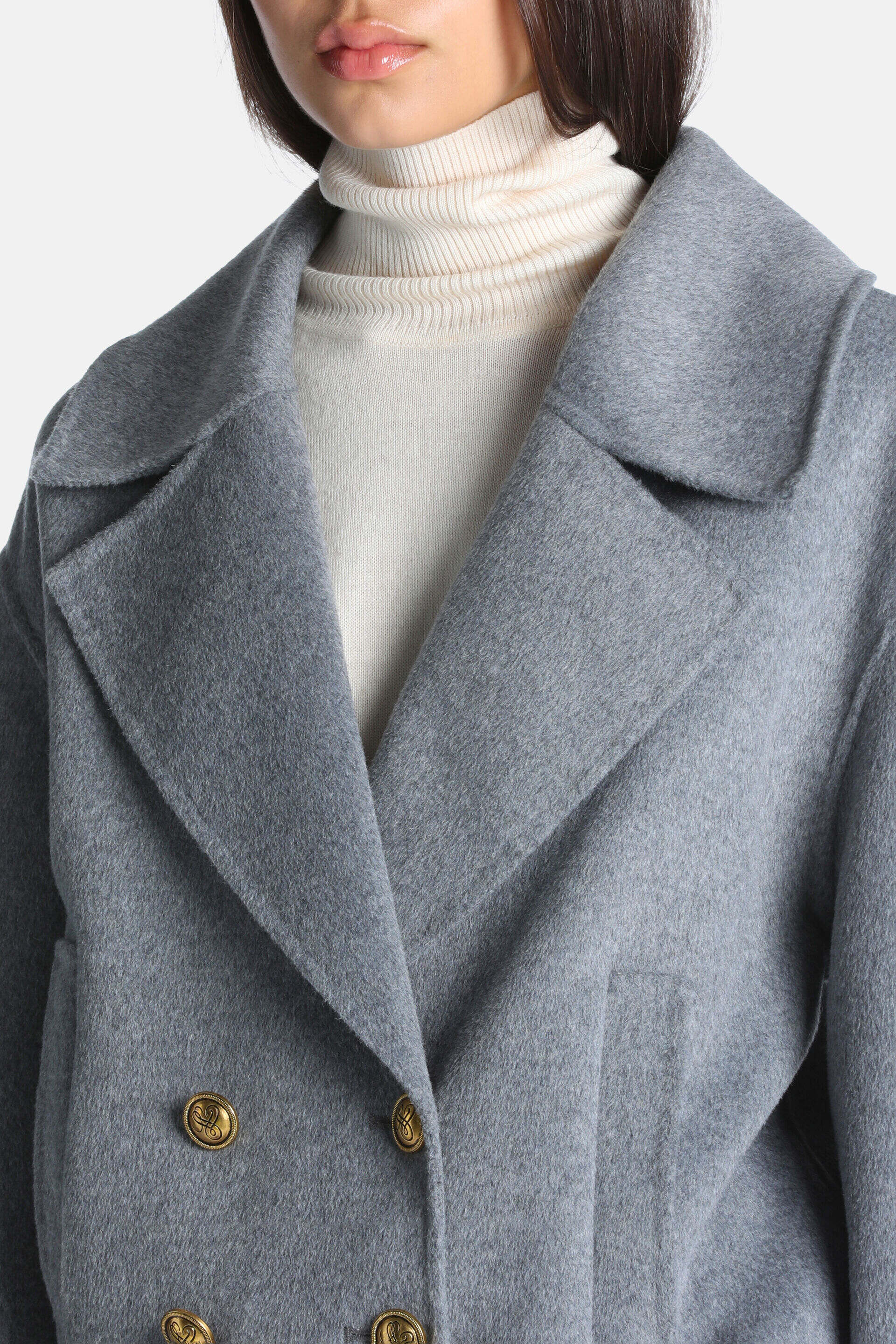 Greymelange double-breasted jacket with wide notched lapels and four gold-toned embossed buttons.