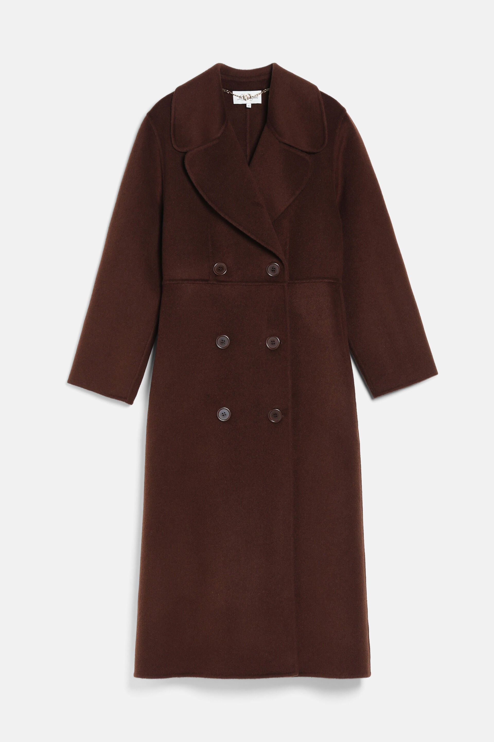 Dark brown felted double-breasted long coat with wide rounded lapels, six dark buttons, and a waist seam.