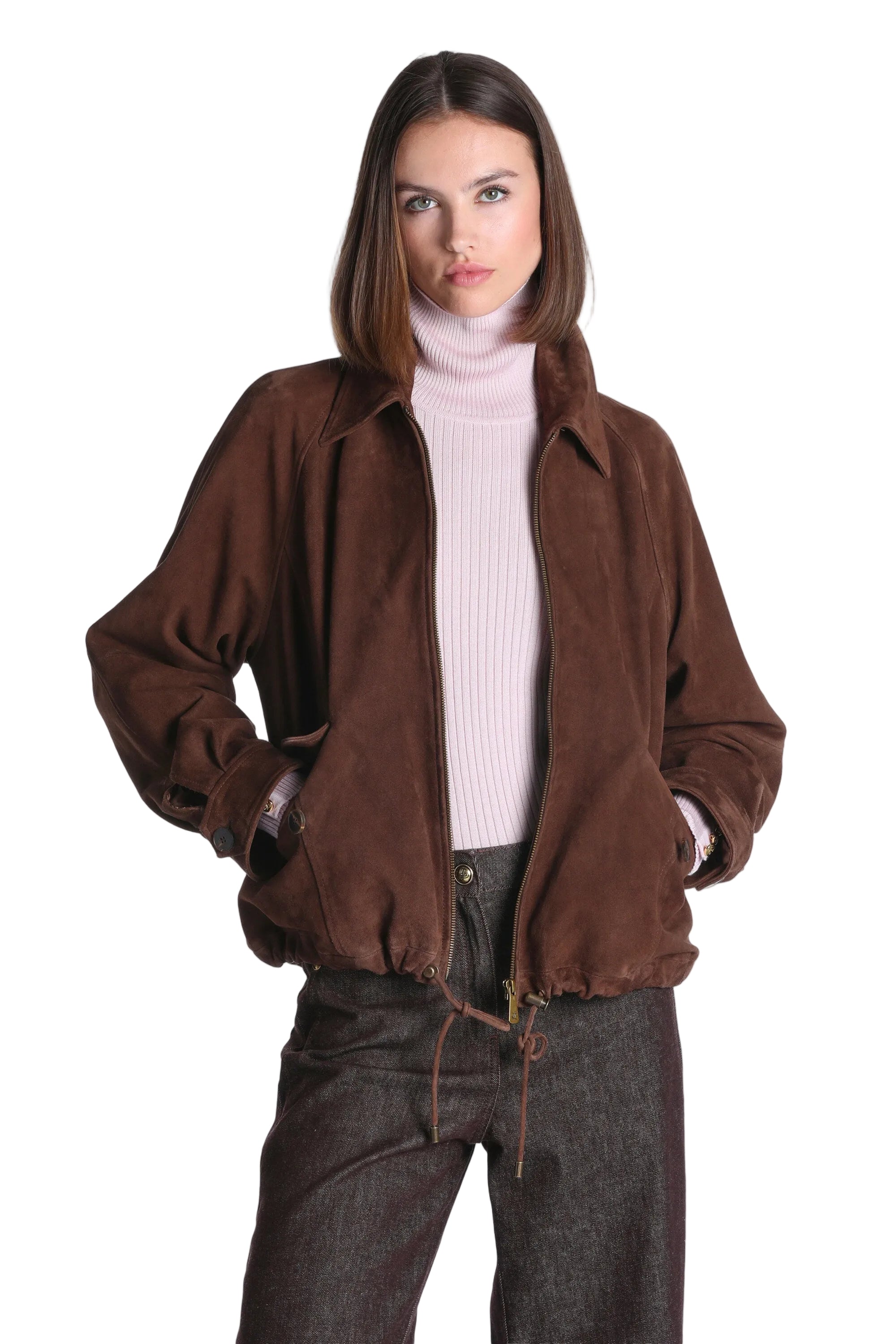 Brown leather bomber jacket with a pointed collar, full front zip, buttoned cuffs, and an elasticated drawstring hem.