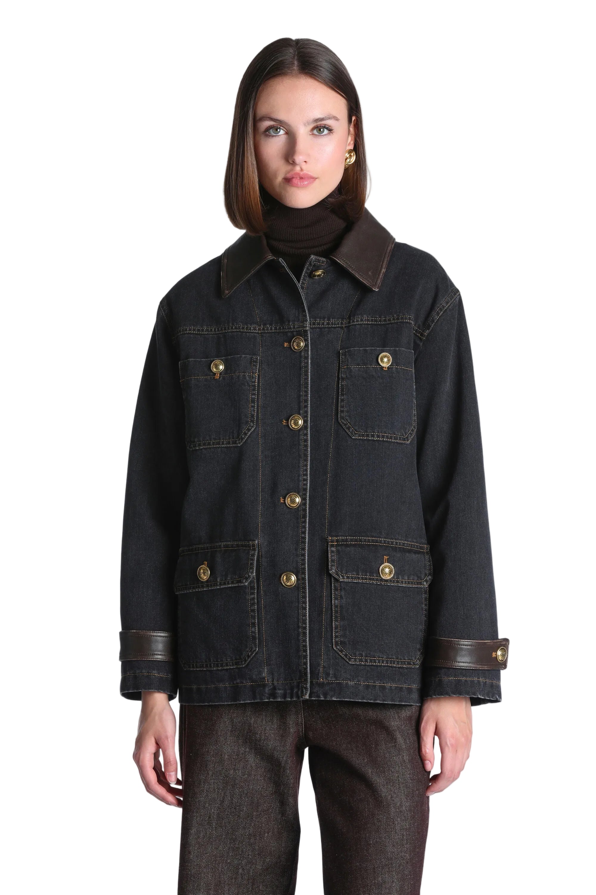 Dark grey denim coat with dark brown collar and cuffs, featuring gold-toned buttons and four front patch pockets.