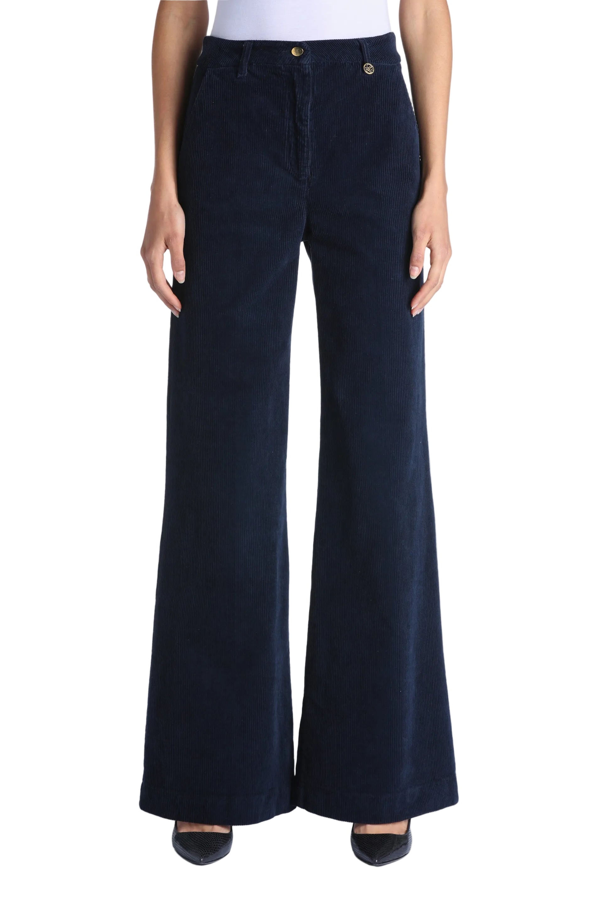 Dark blue corduroy high-waisted wide-leg trousers with a front button and zip closure, side pockets, and a gold-toned emblem.