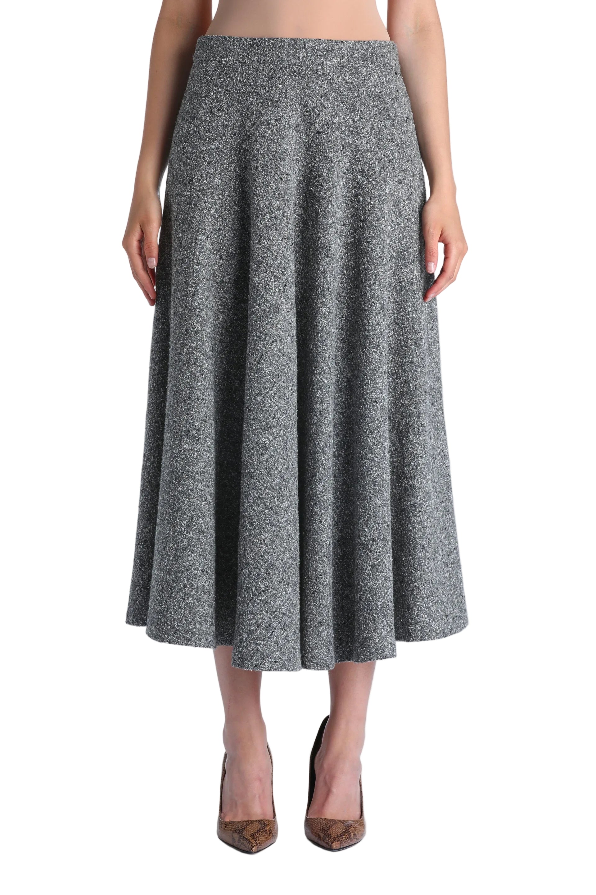 Midi-length A-line skirt in speckled grey and cream fabric, flaring out from the waist with an even hem.