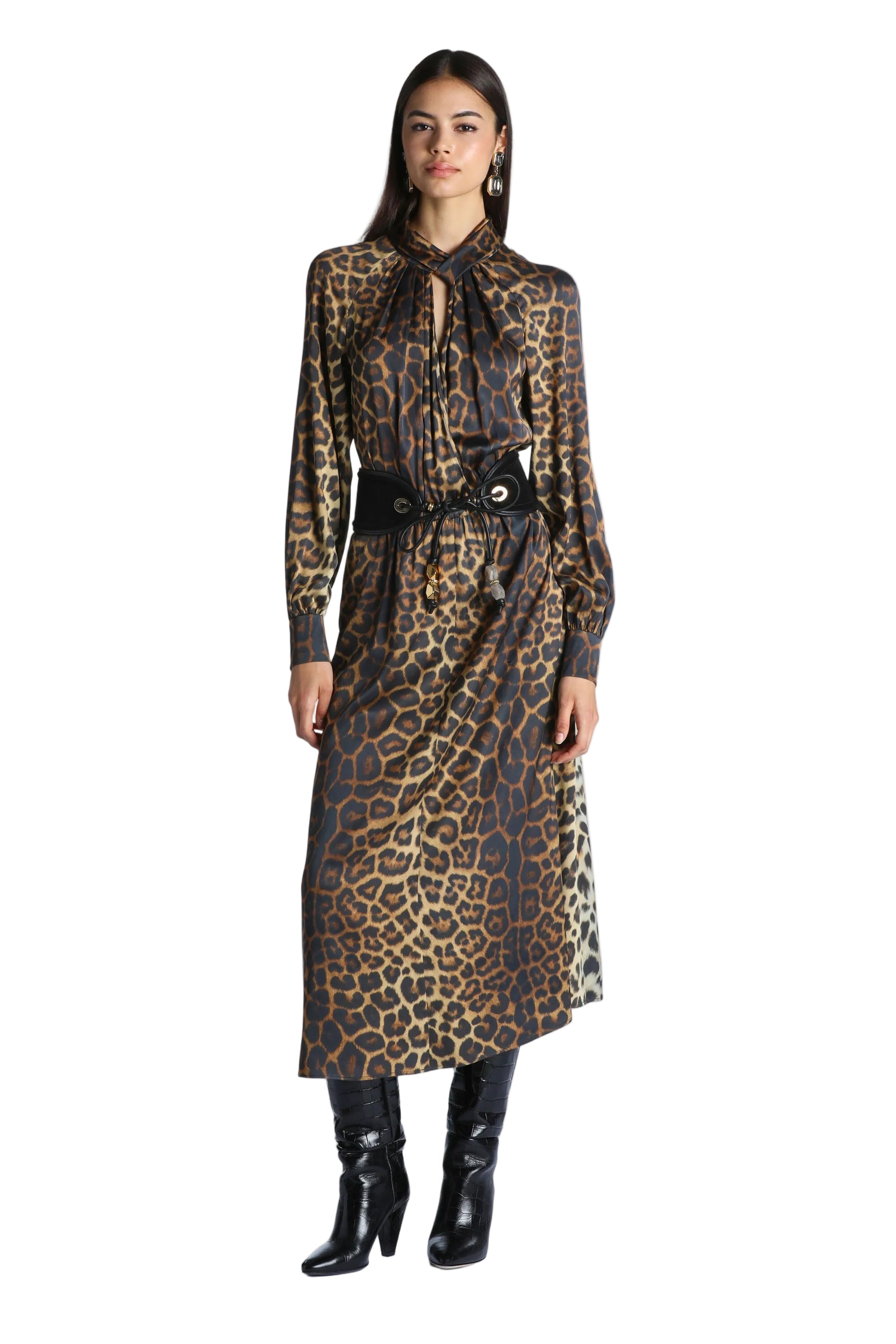 Black and brown leopard print midi dress with a high tie-neck and long sleeves.