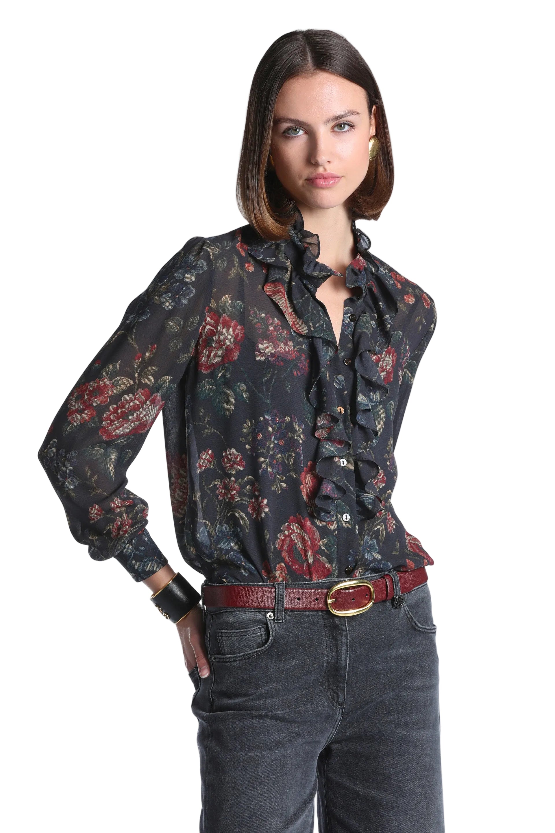 Dark brown floral ruffled long-sleeved blouse with a stand collar, button-front, and buttoned cuffs.