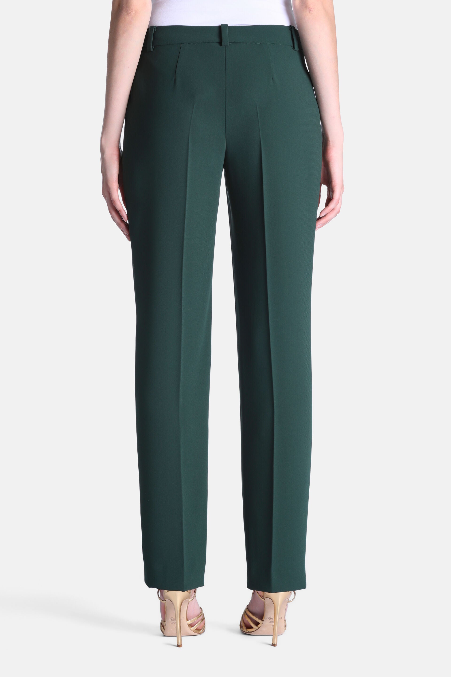 Dark green straight-leg trousers with belt loops and a center crease down each leg, viewed from the back.