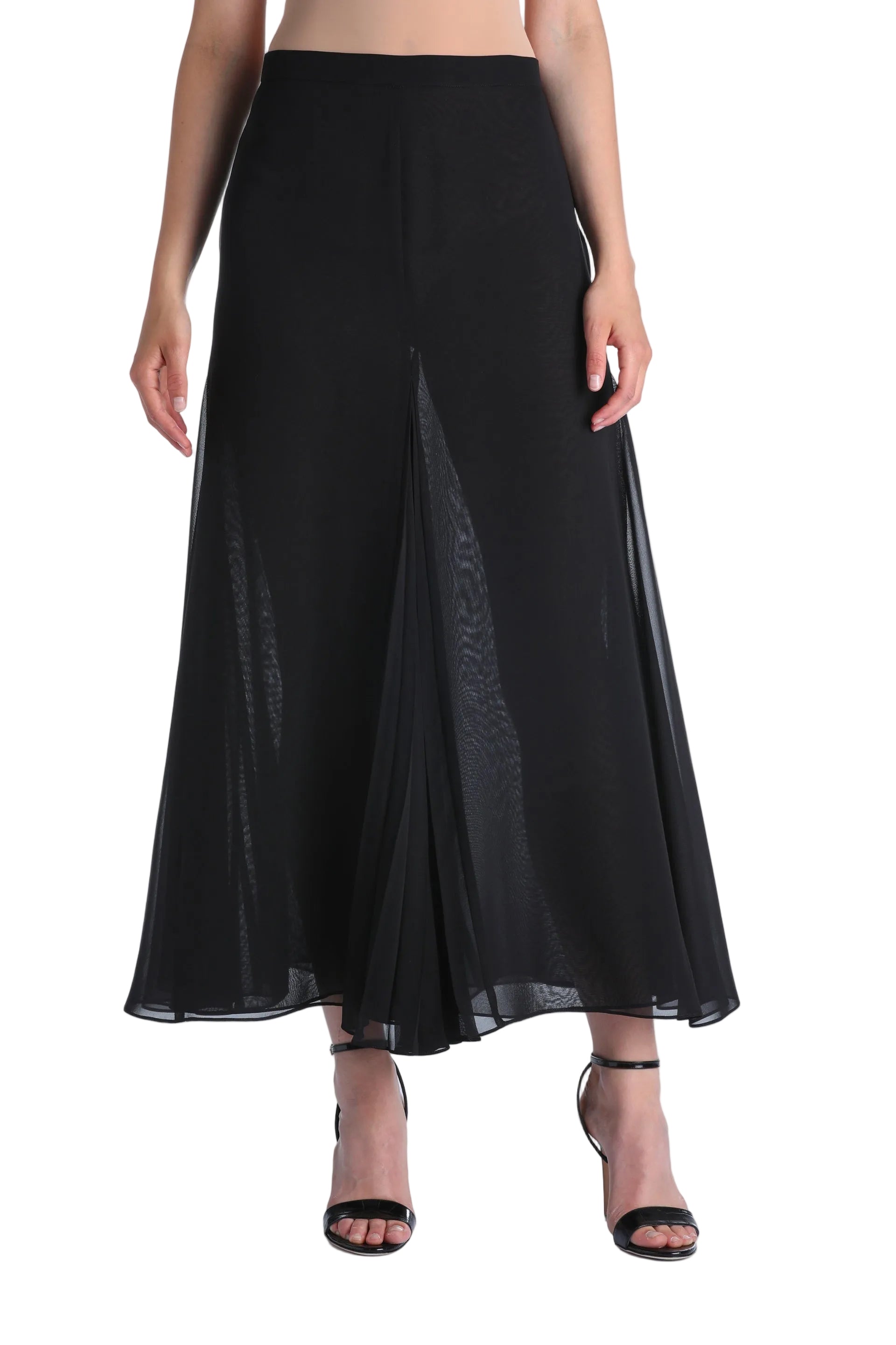 Black high-waisted flared skirt made from sheer fabric, featuring a central pleat and a flowing silhouette.