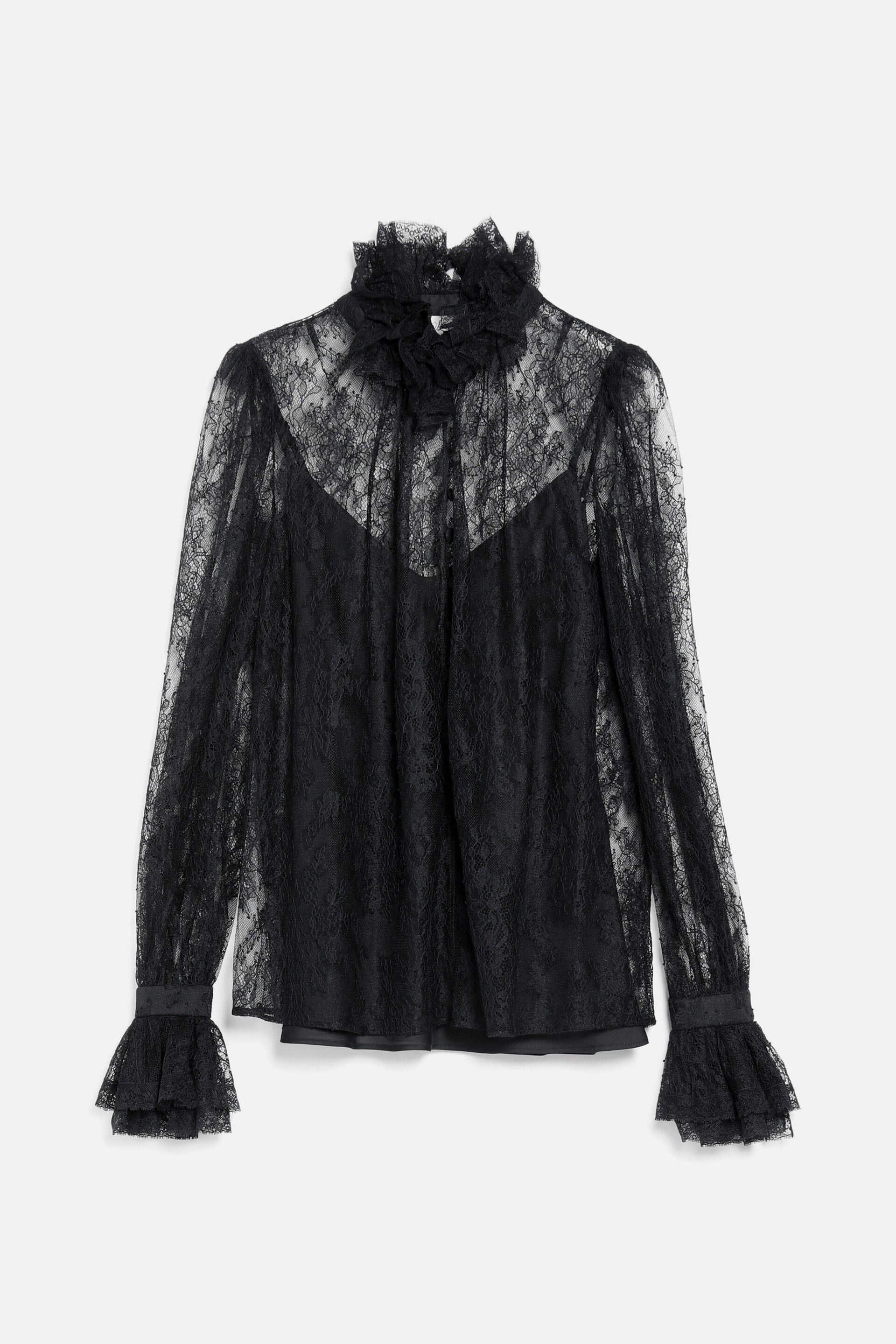 Black sheer lace shirt with ruffled high neck, ruffled center front, V-shaped opaque panel, and long sleeves with ruffled cuf