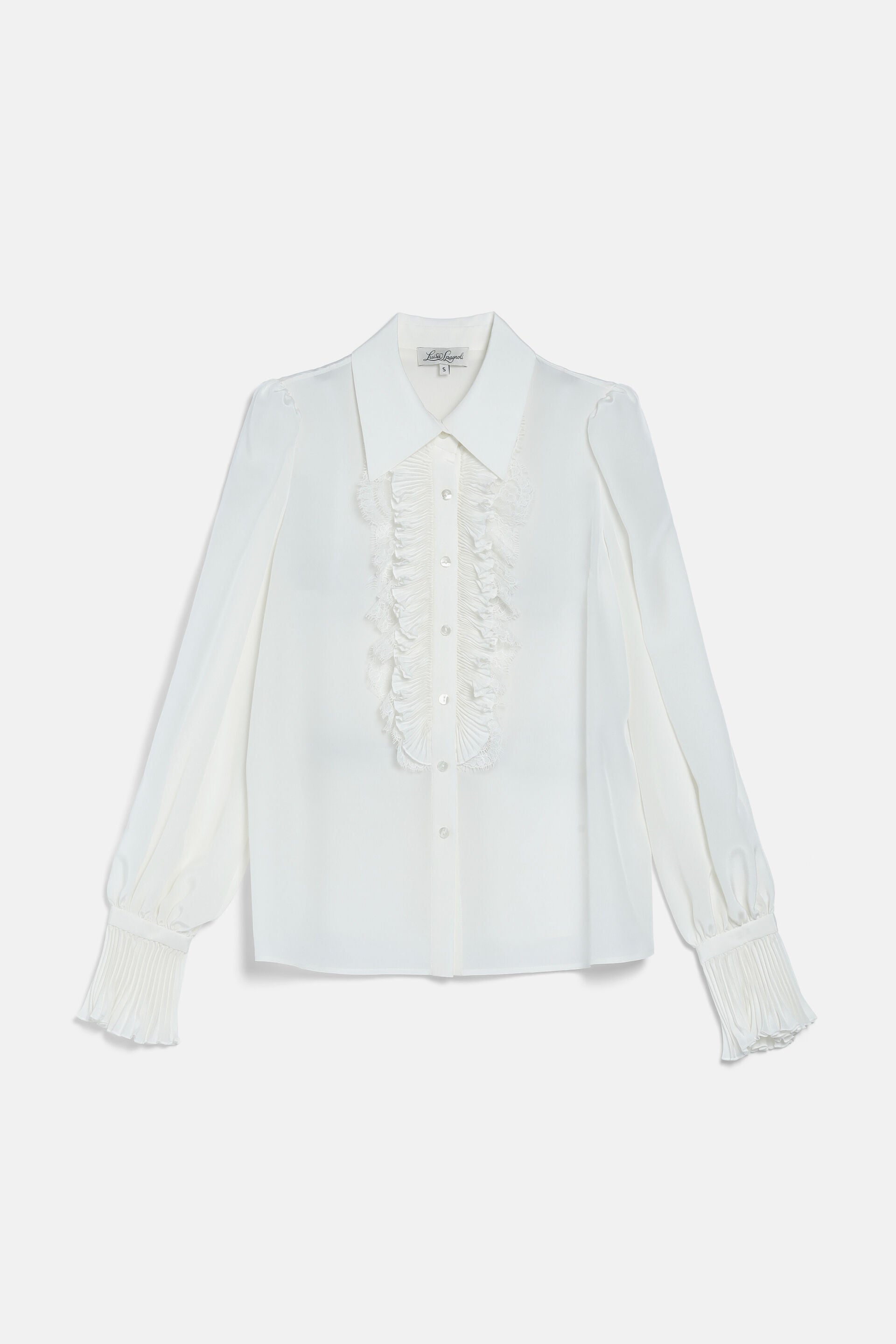 Ivory long-sleeved shirt with a pointed collar, ruffled and pleated front placket, and pleated elasticated cuffs.