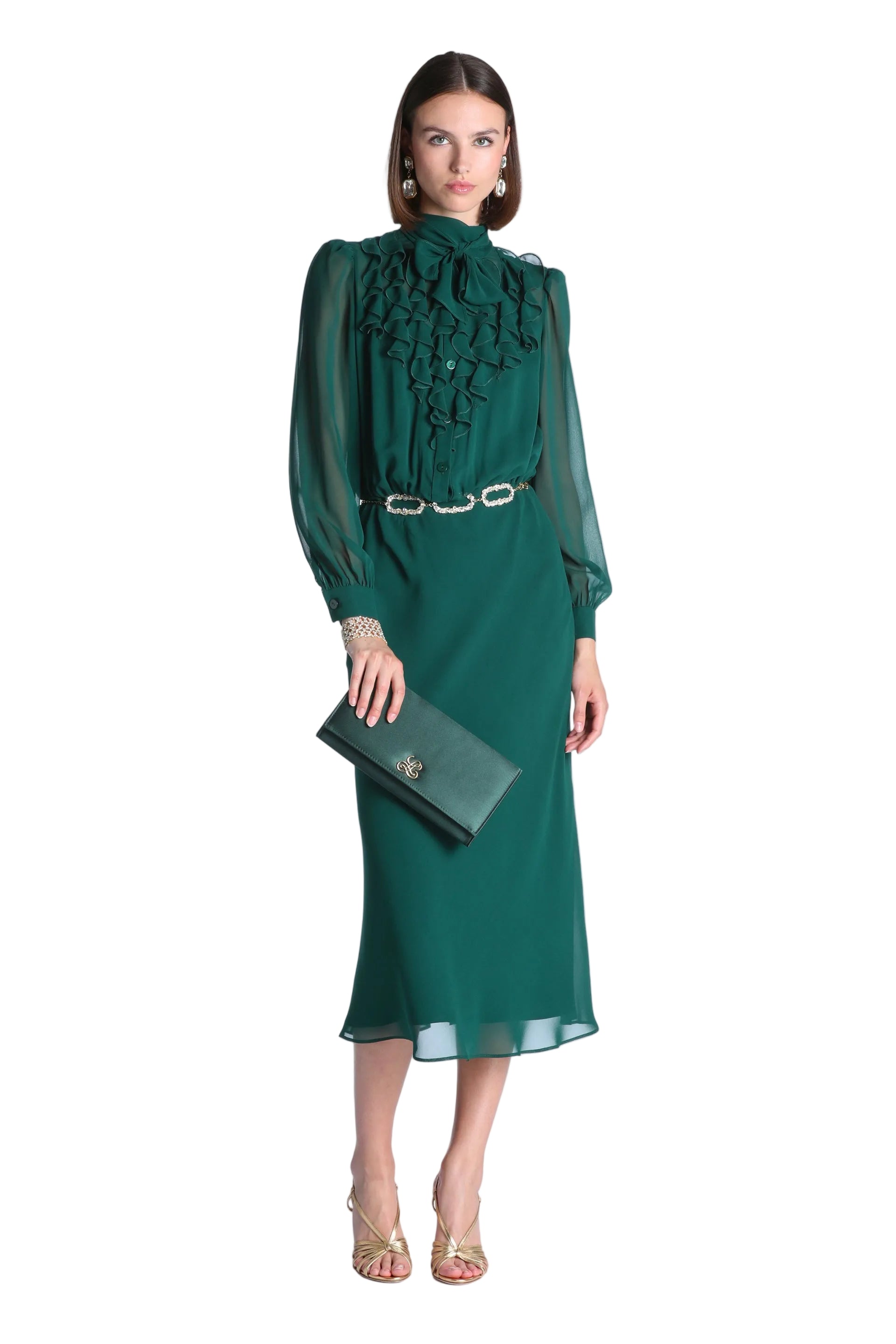 Dark green ruffled midi dress with a high neck, pussy-bow tie, and sheer long sleeves.