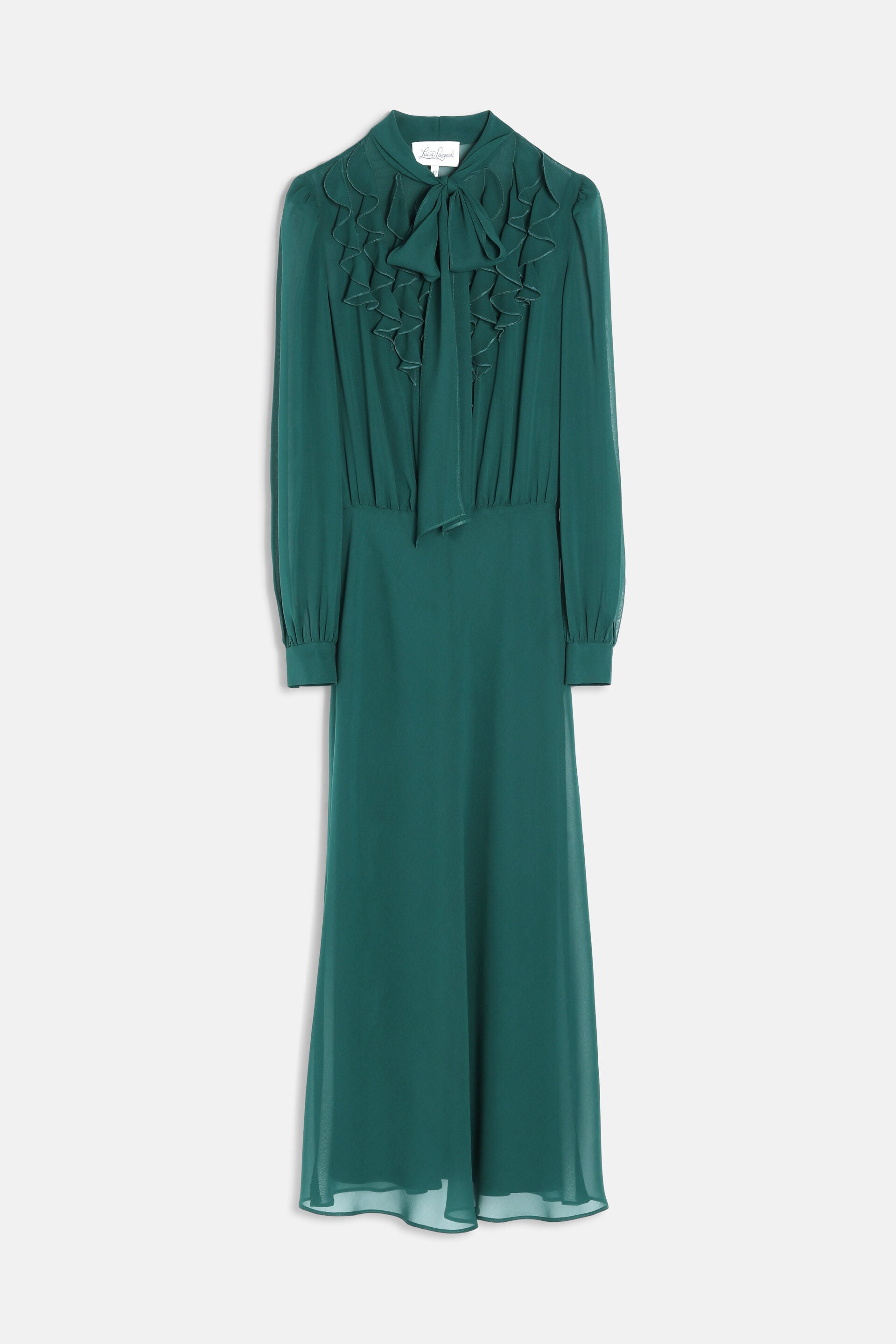 Dark green midi dress with a pussy-bow necktie, ruffled detailing on the bodice, long sleeves with buttoned cuffs, and a flow