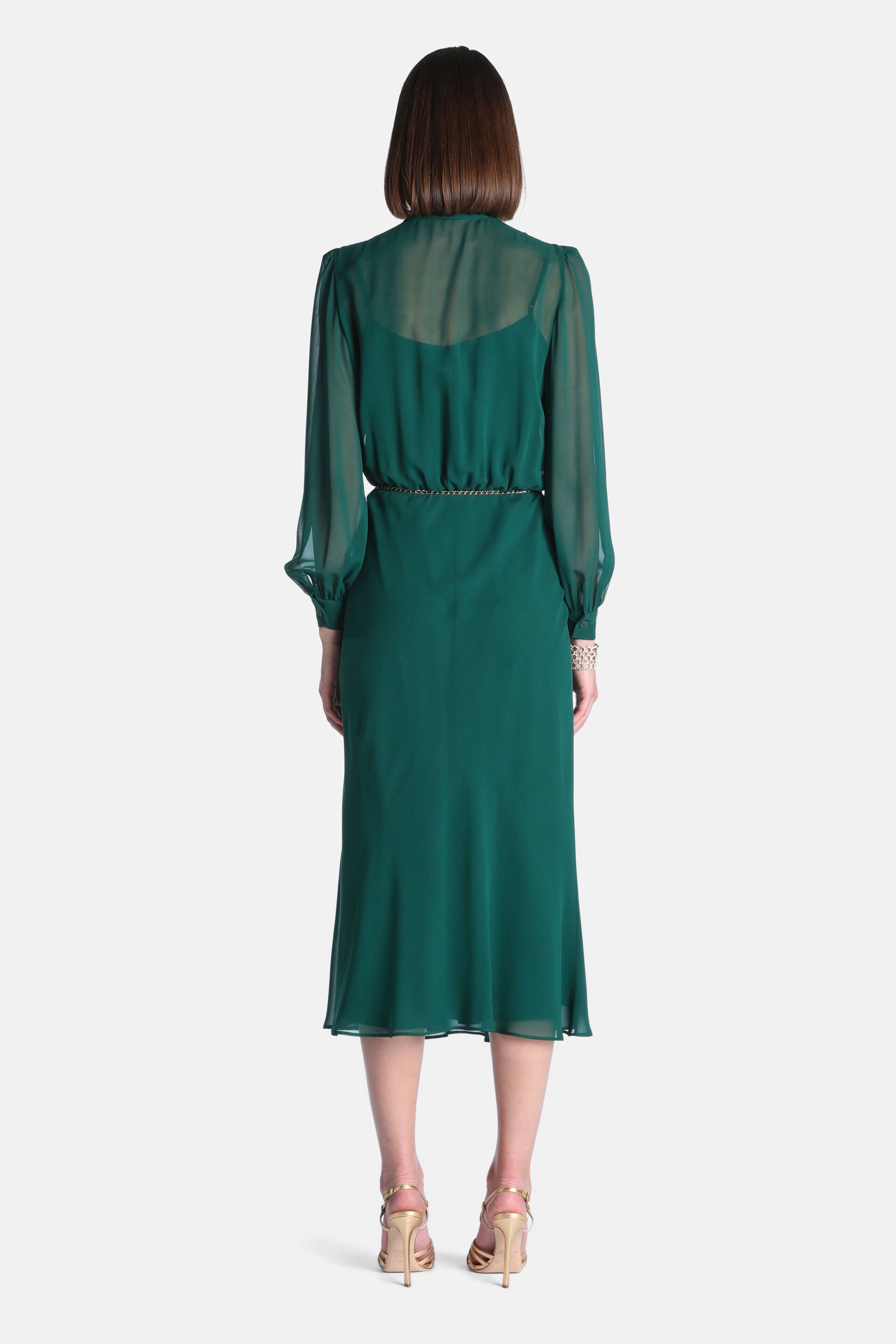 Dark green midi dress with sheer long sleeves, high neck, elasticated waist, and a thin gold-toned chain belt. A-line skirt.