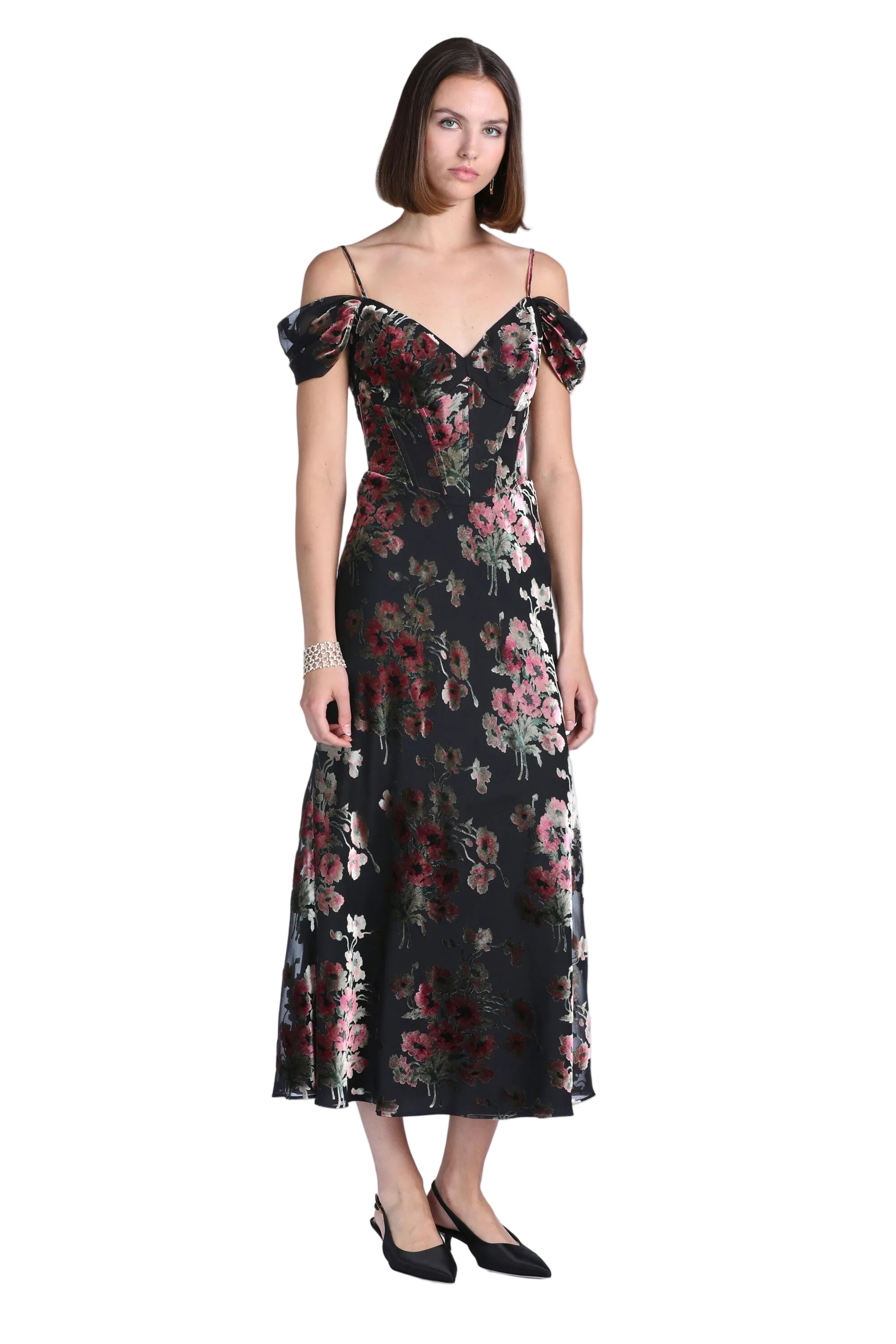 Black midi dress with pink and red floral velvet flocking, off-shoulder design and spaghetti straps.