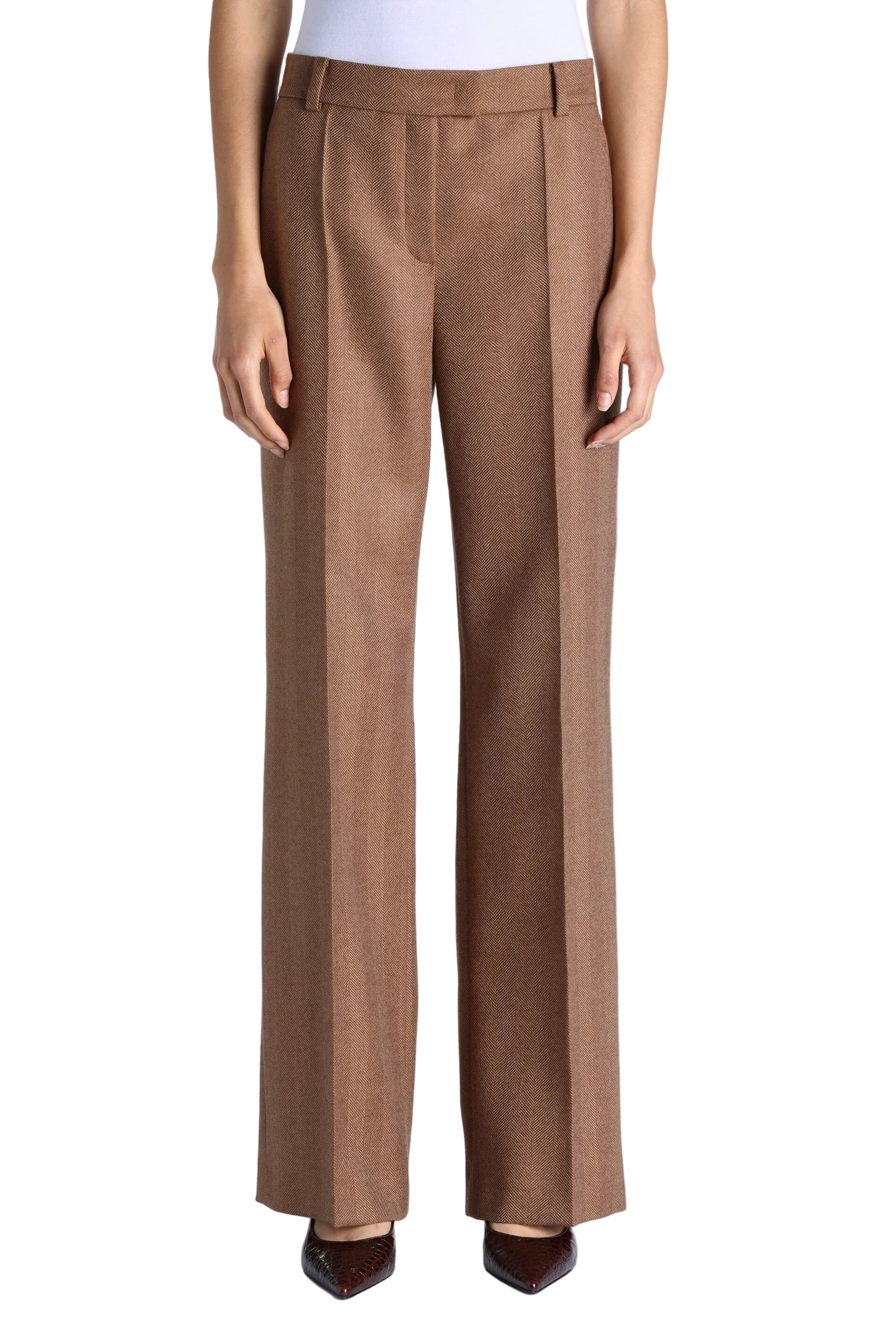 Brown tailored wide-leg trousers with front pleats and belt loops