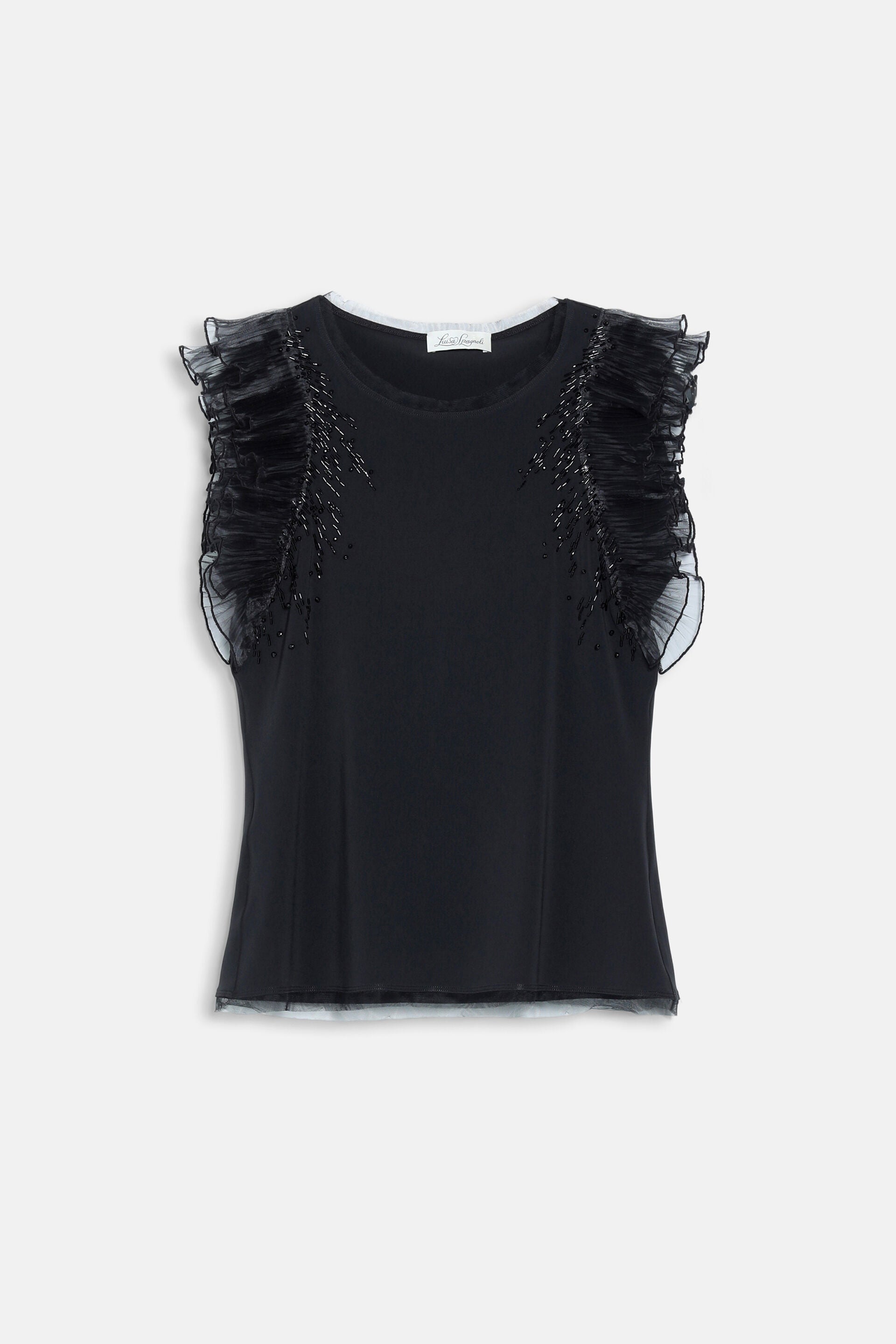 Black short-sleeved top with ruffled sheer sleeves and black beaded embellishments on the front.