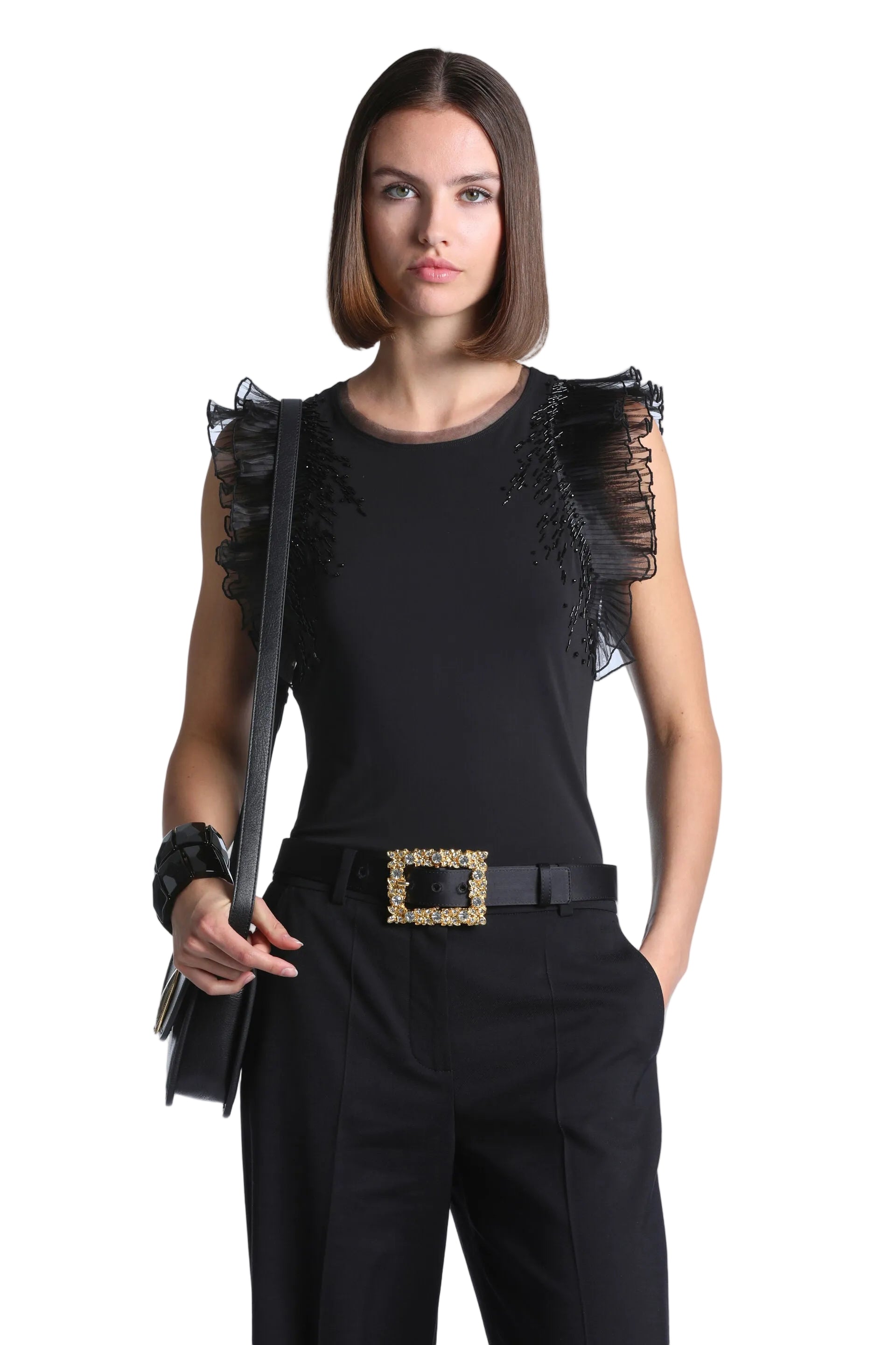 Black sleeveless women's top with sheer ruffled shoulders and beaded embellishments