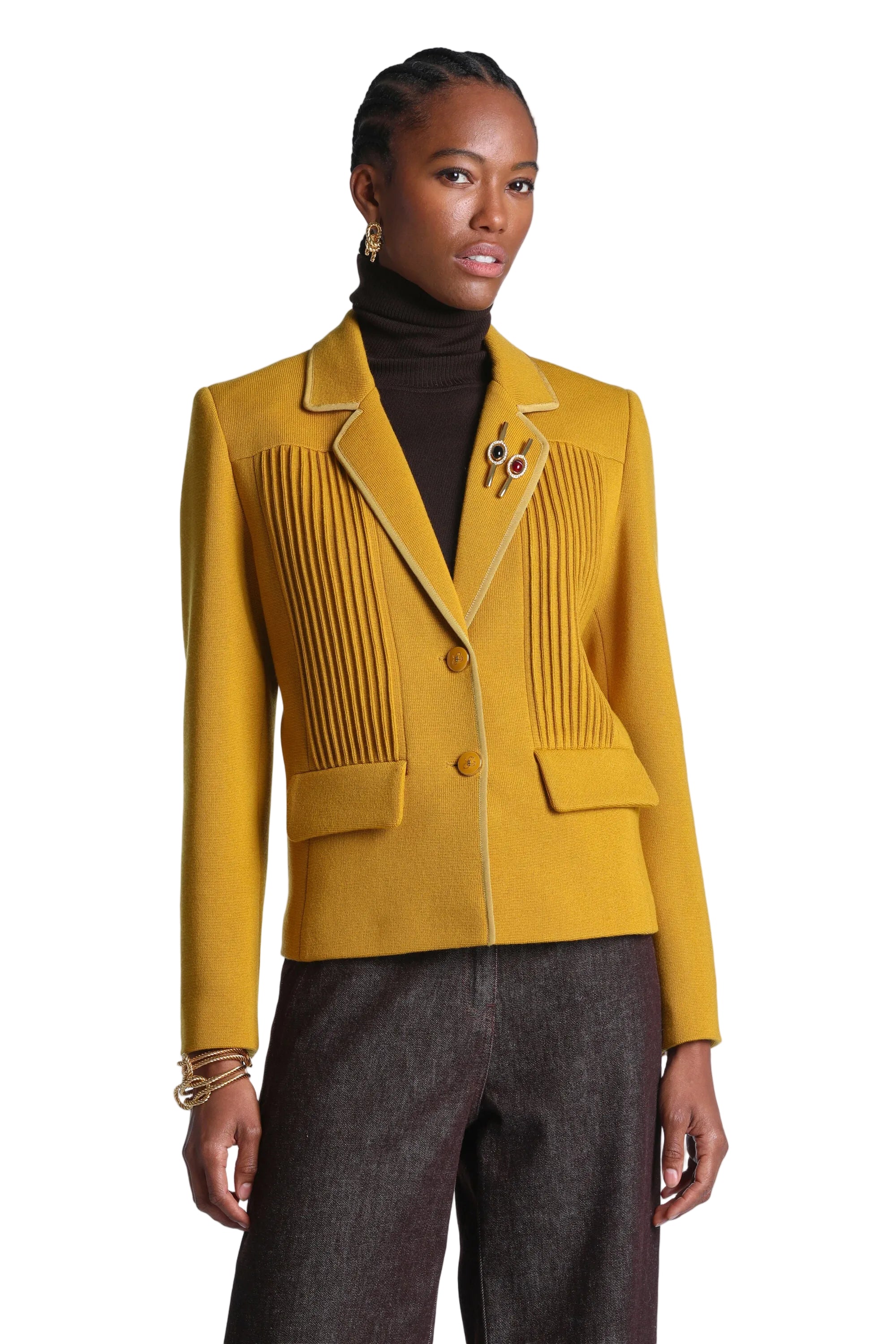 Aubergine tailored jacket with pleated front panels, notched lapels, and a single button closure.
